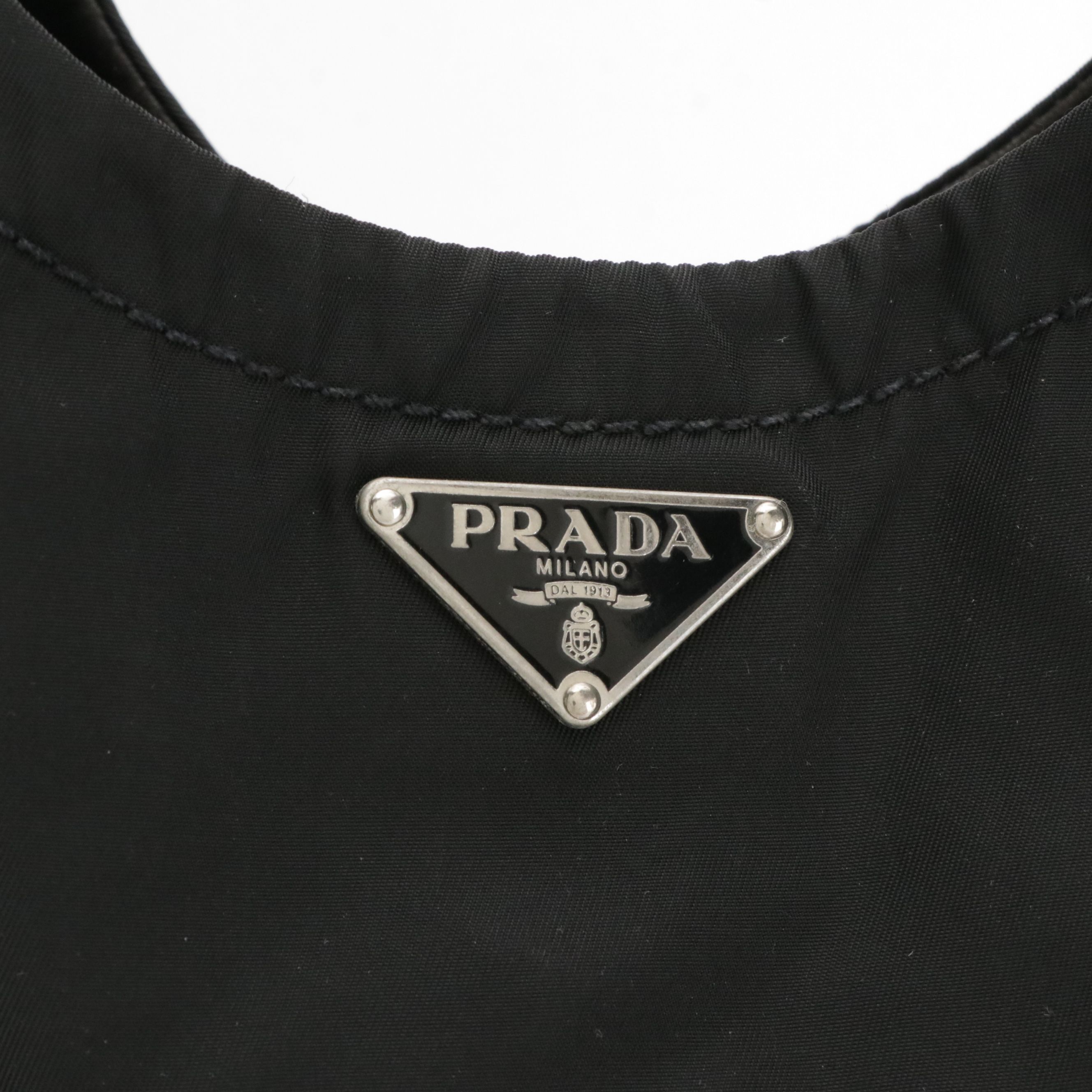 Prada Metal Handle Tote in Black Tessuto Nylon with Leather Accents
