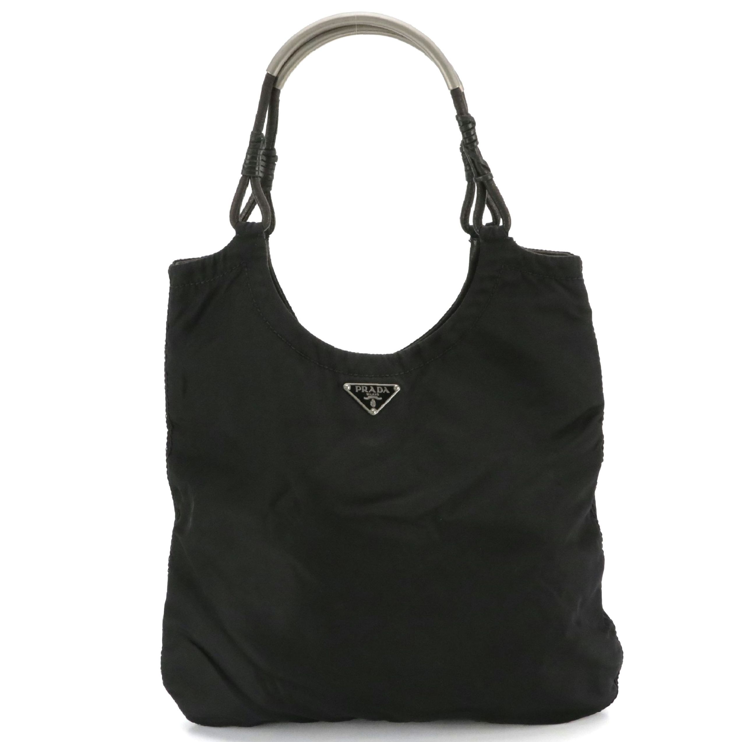 Prada Metal Handle Tote in Black Tessuto Nylon with Leather Accents