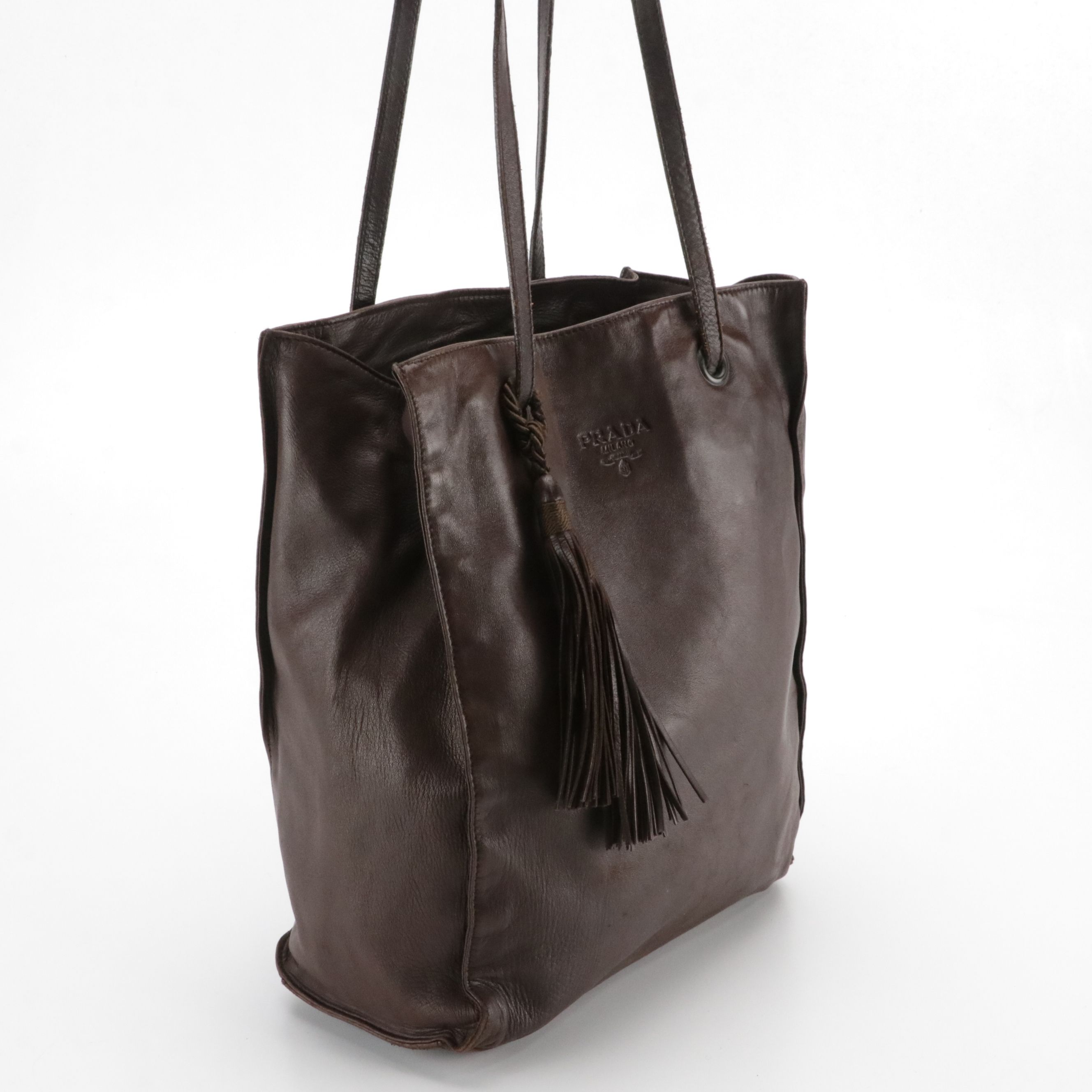 Prada Slouchy Shoulder Tote in Dark Brown Lambskin Leather with Tassel Charm
