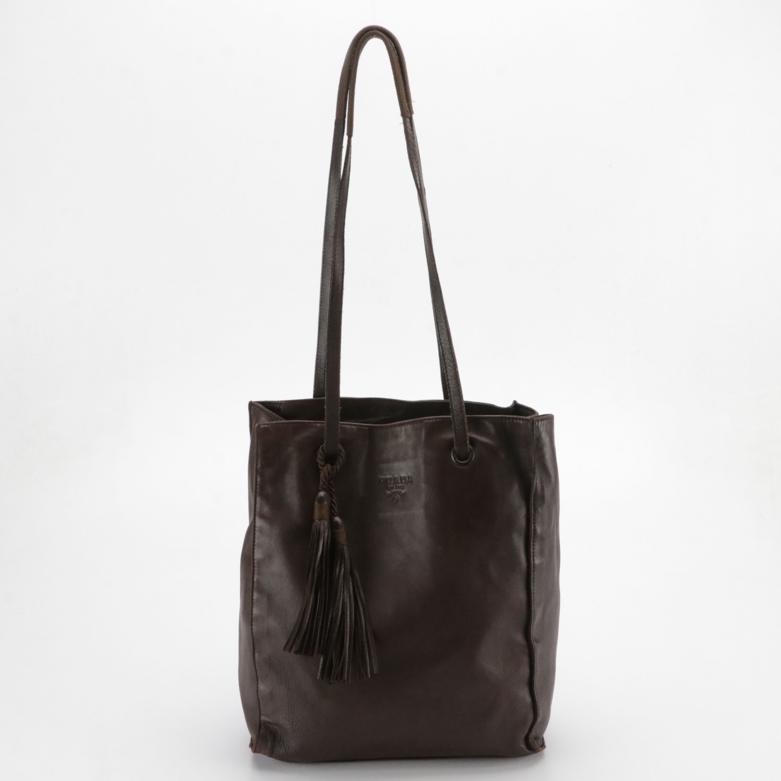 Prada Slouchy Shoulder Tote in Dark Brown Lambskin Leather with Tassel Charm