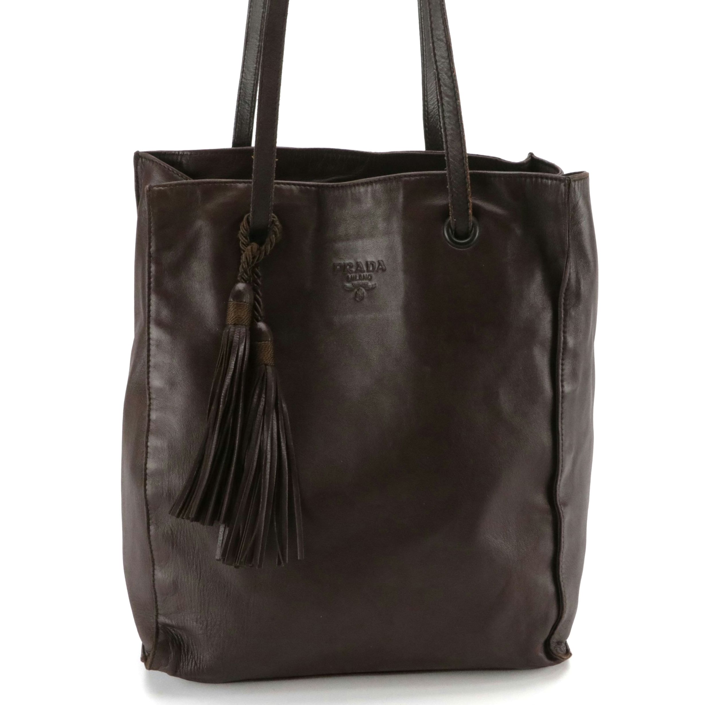 Prada Slouchy Shoulder Tote in Dark Brown Lambskin Leather with Tassel Charm