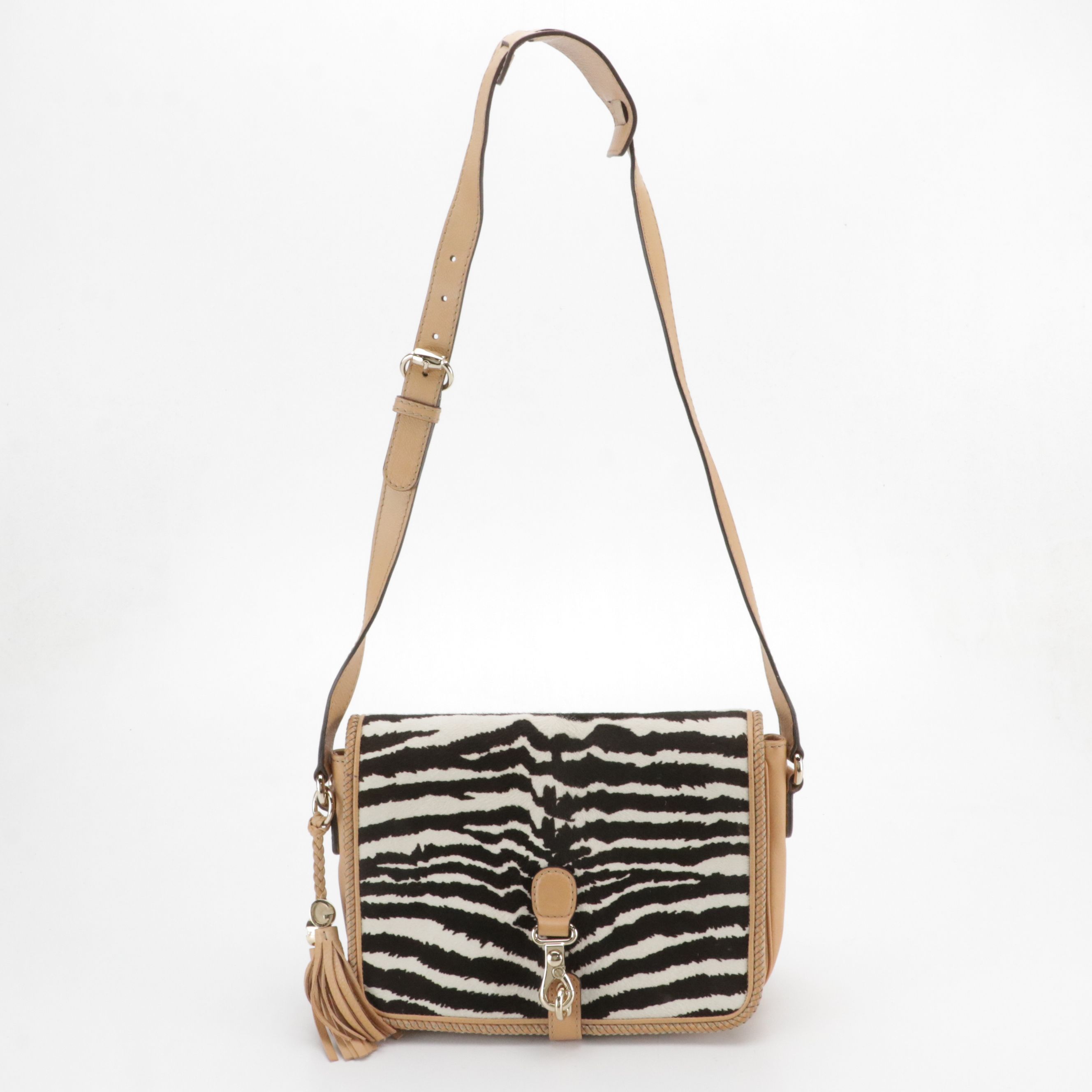 Gucci Marrakech Flap Messenger Bag in Zebra Print Pony Hair and Beige Leather