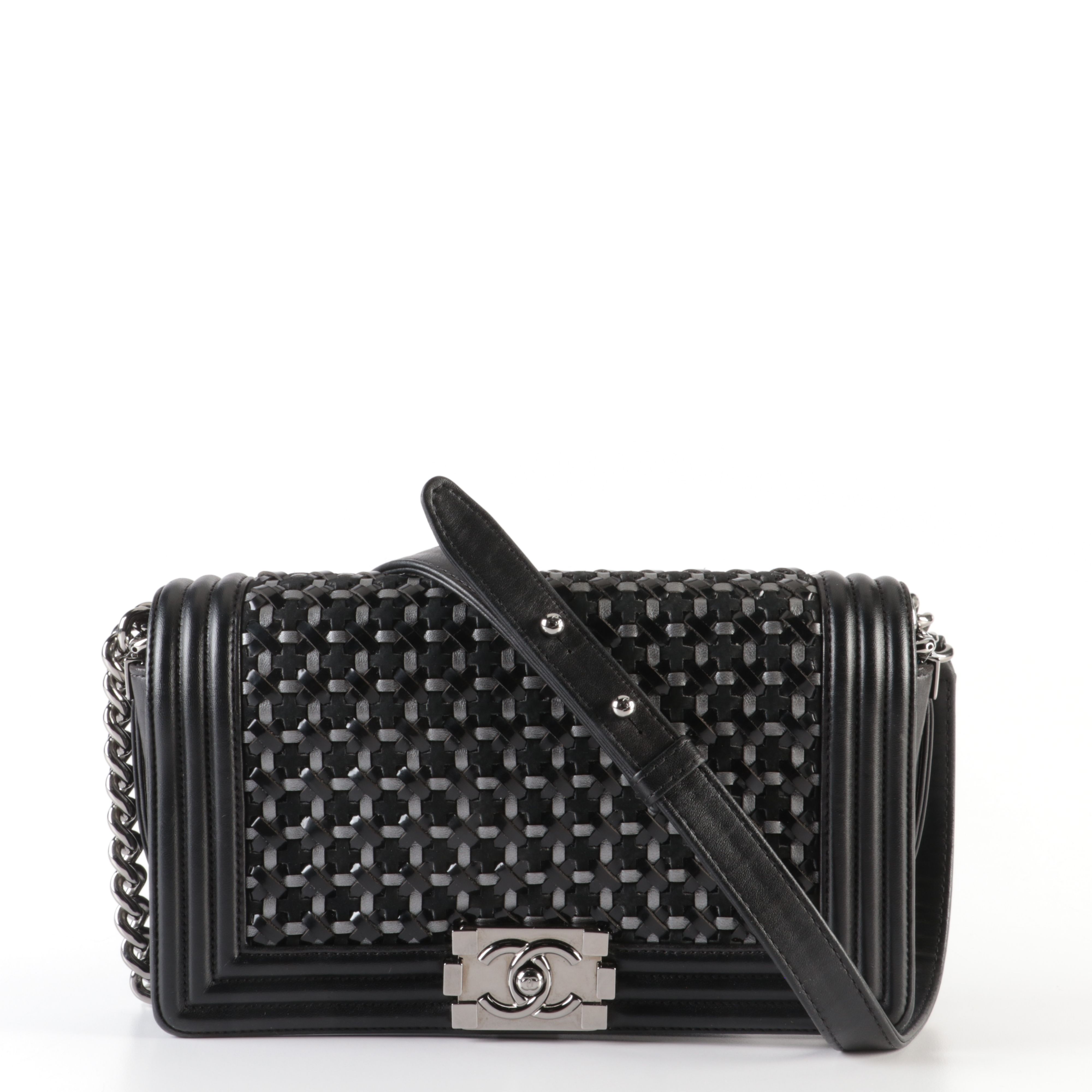 Chanel Boy Crossbody Bag with Woven Leather and Silver Hardware