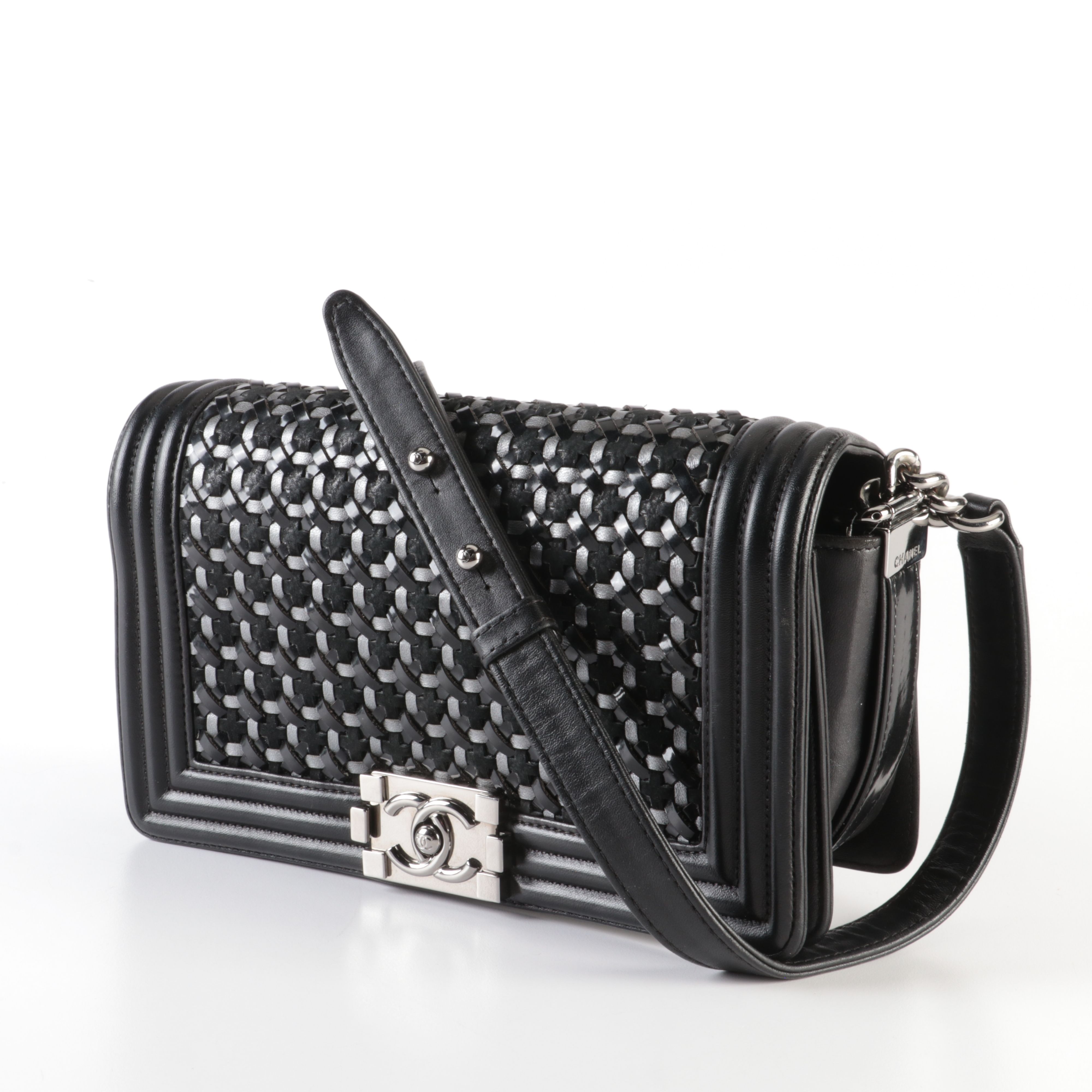 Chanel Boy Crossbody Bag with Woven Leather and Silver Hardware