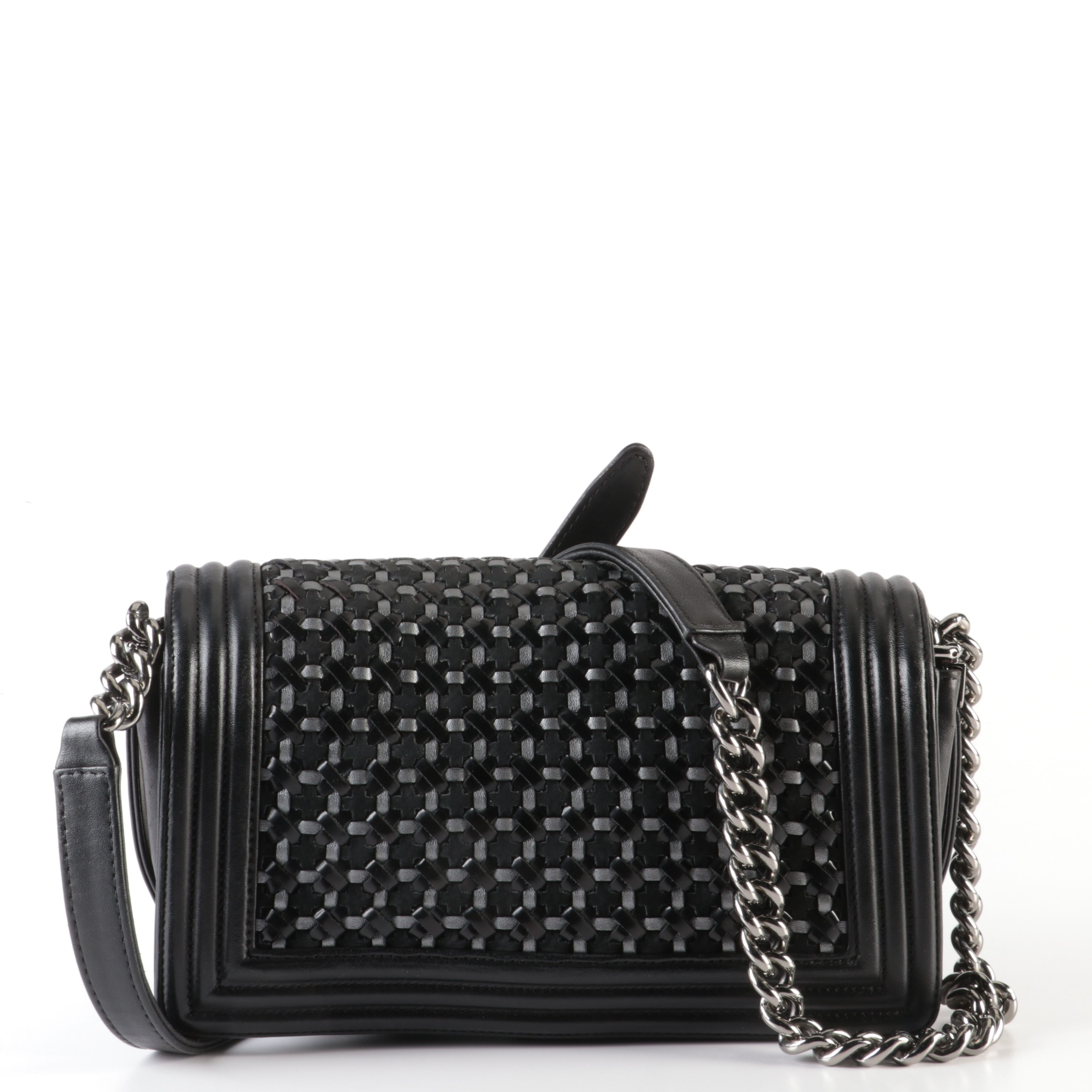 Chanel Boy Crossbody Bag with Woven Leather and Silver Hardware