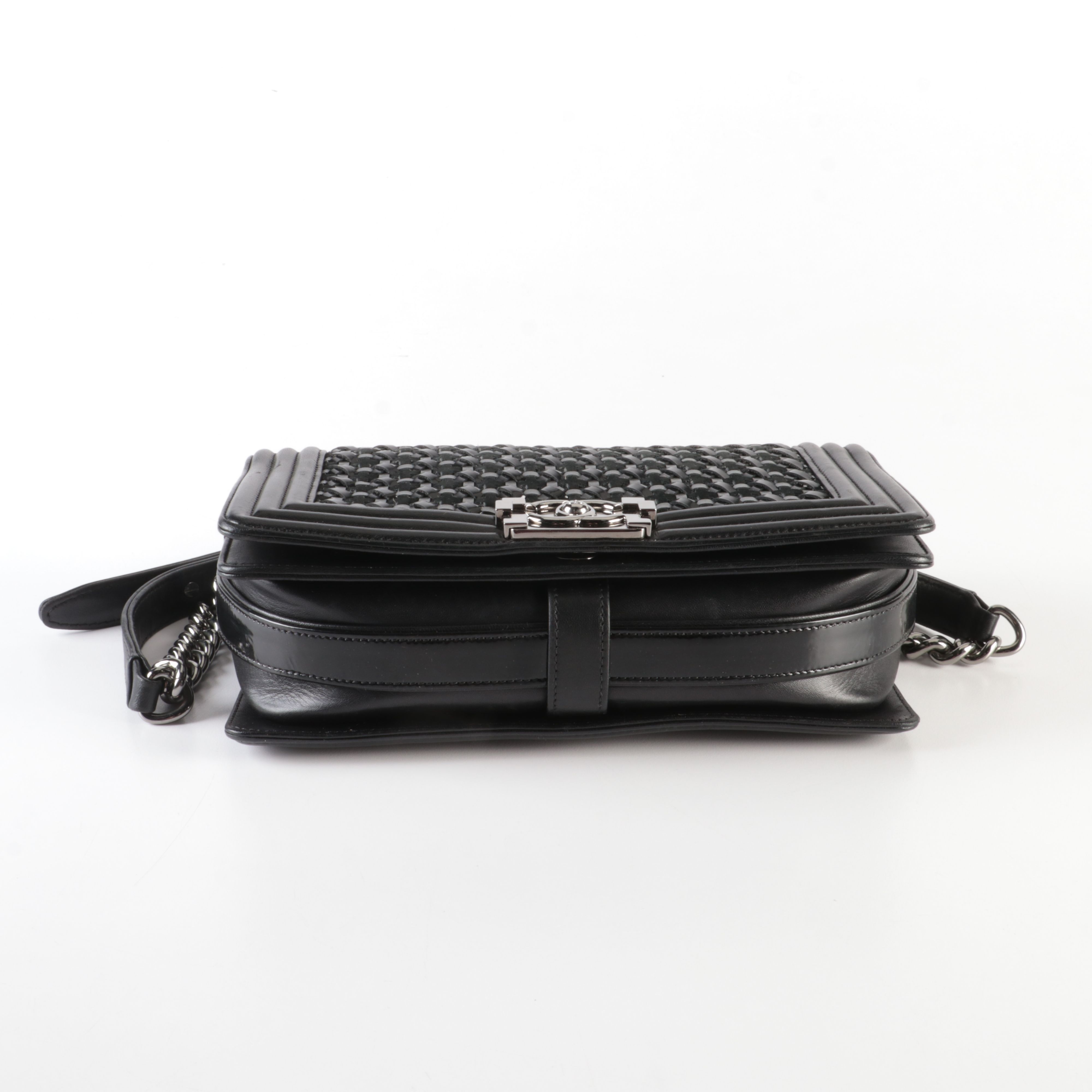 Chanel Boy Crossbody Bag with Woven Leather and Silver Hardware
