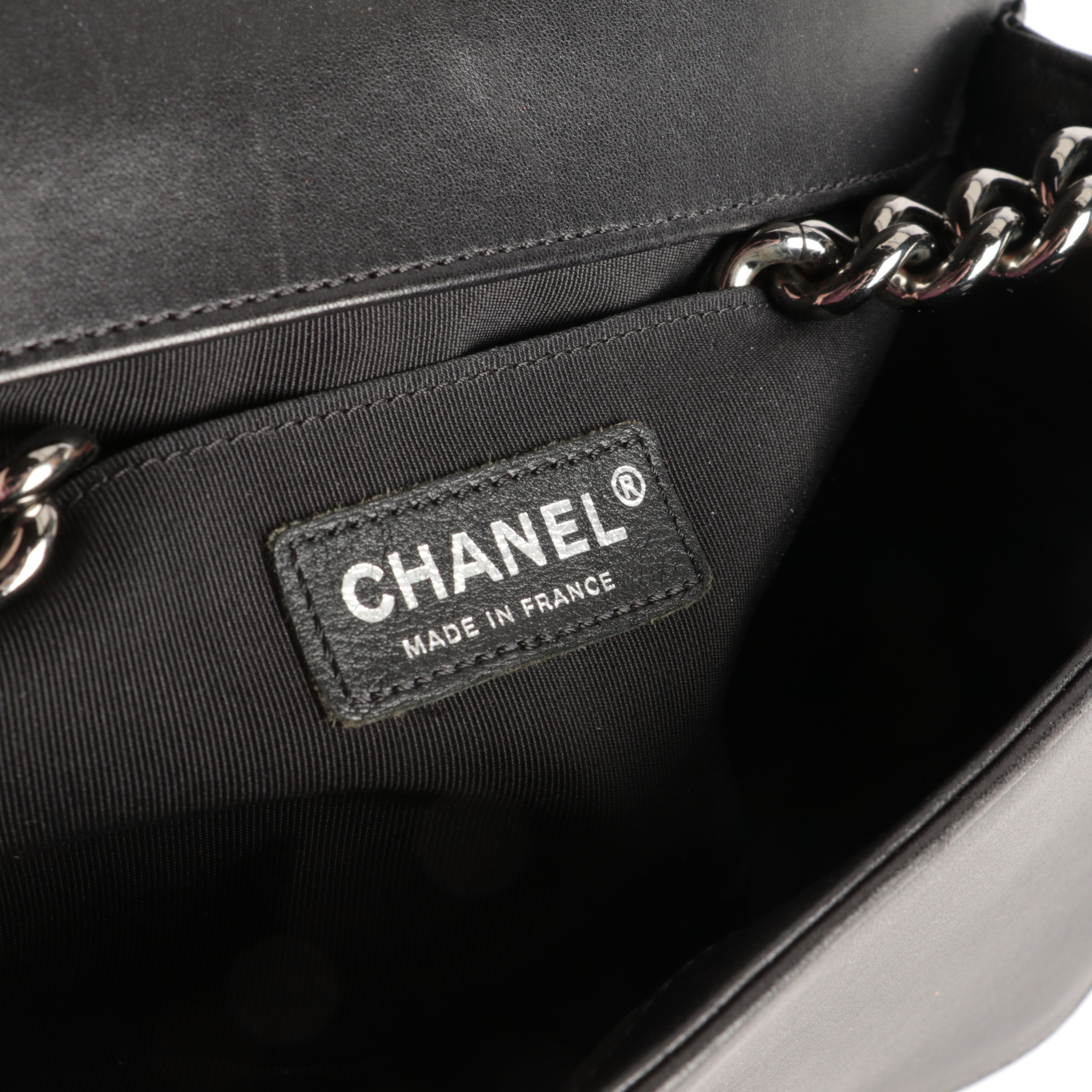 Chanel Boy Crossbody Bag with Woven Leather and Silver Hardware