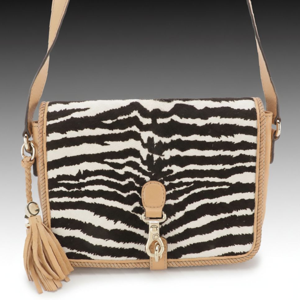 Gucci Marrakech Flap Messenger Bag in Zebra Print Pony Hair and Beige Leather