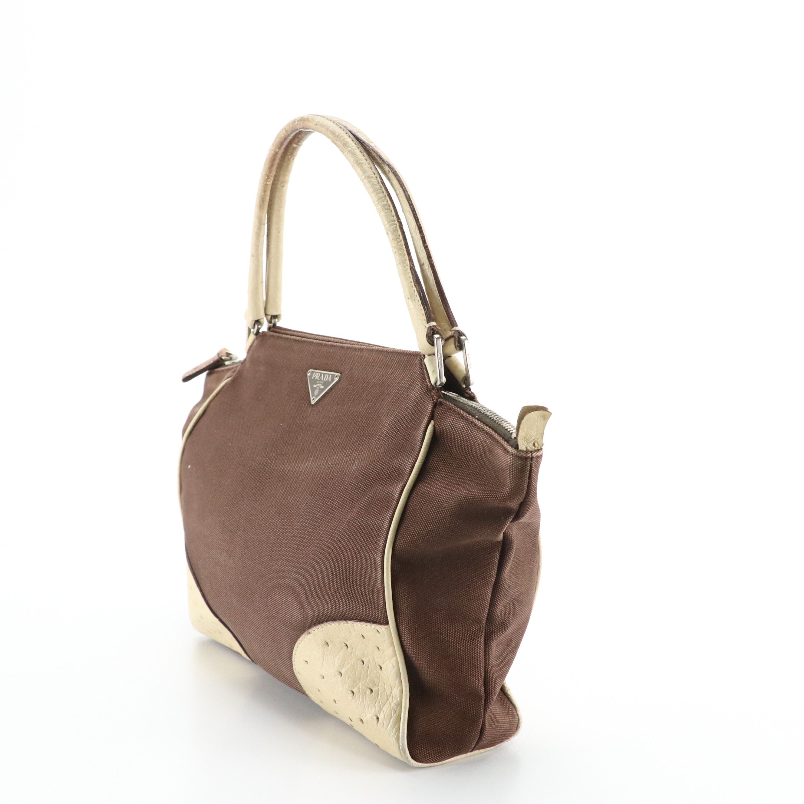 Prada Handbag B11127 in Brown Canvas with Ostrich Leather Trim