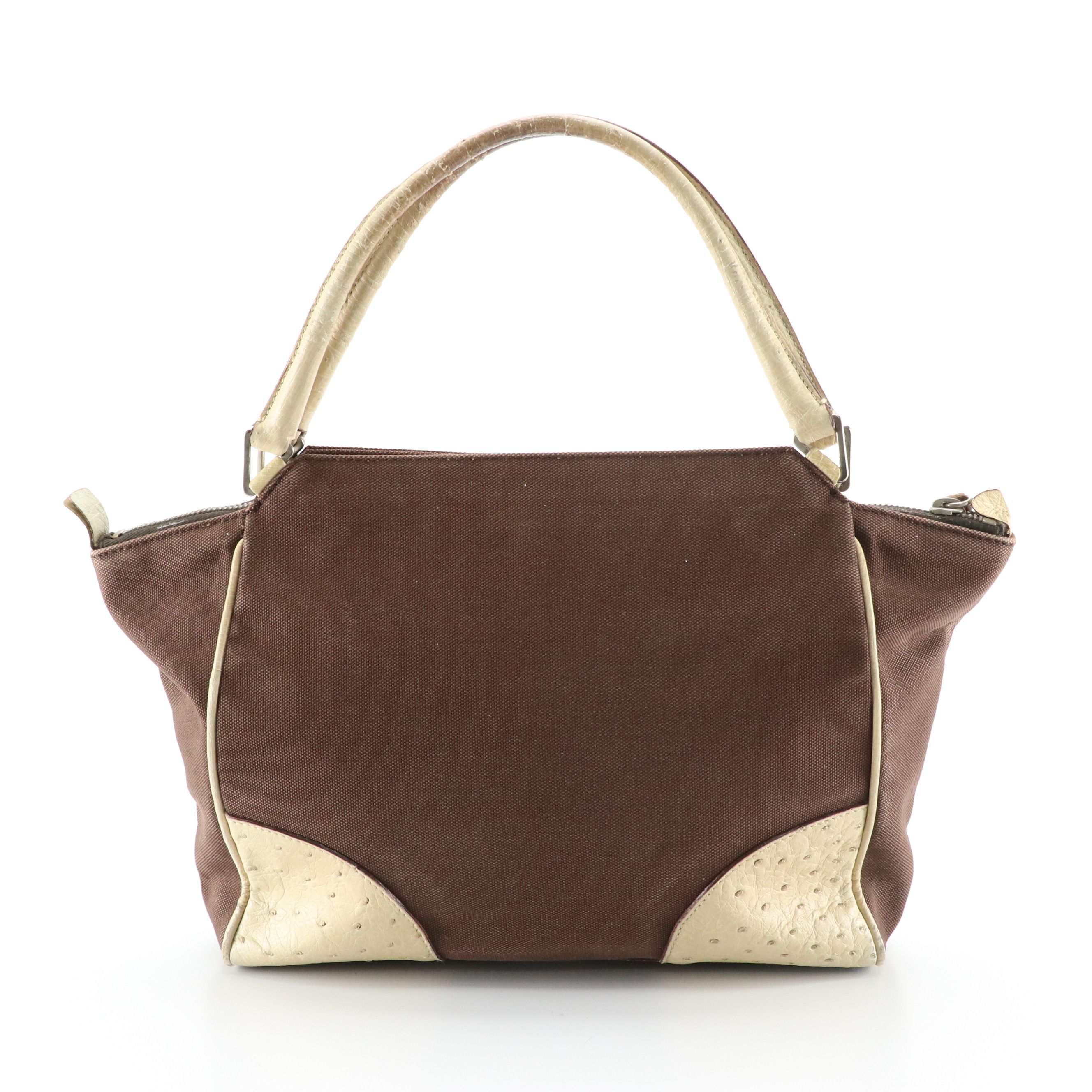 Prada Handbag B11127 in Brown Canvas with Ostrich Leather Trim
