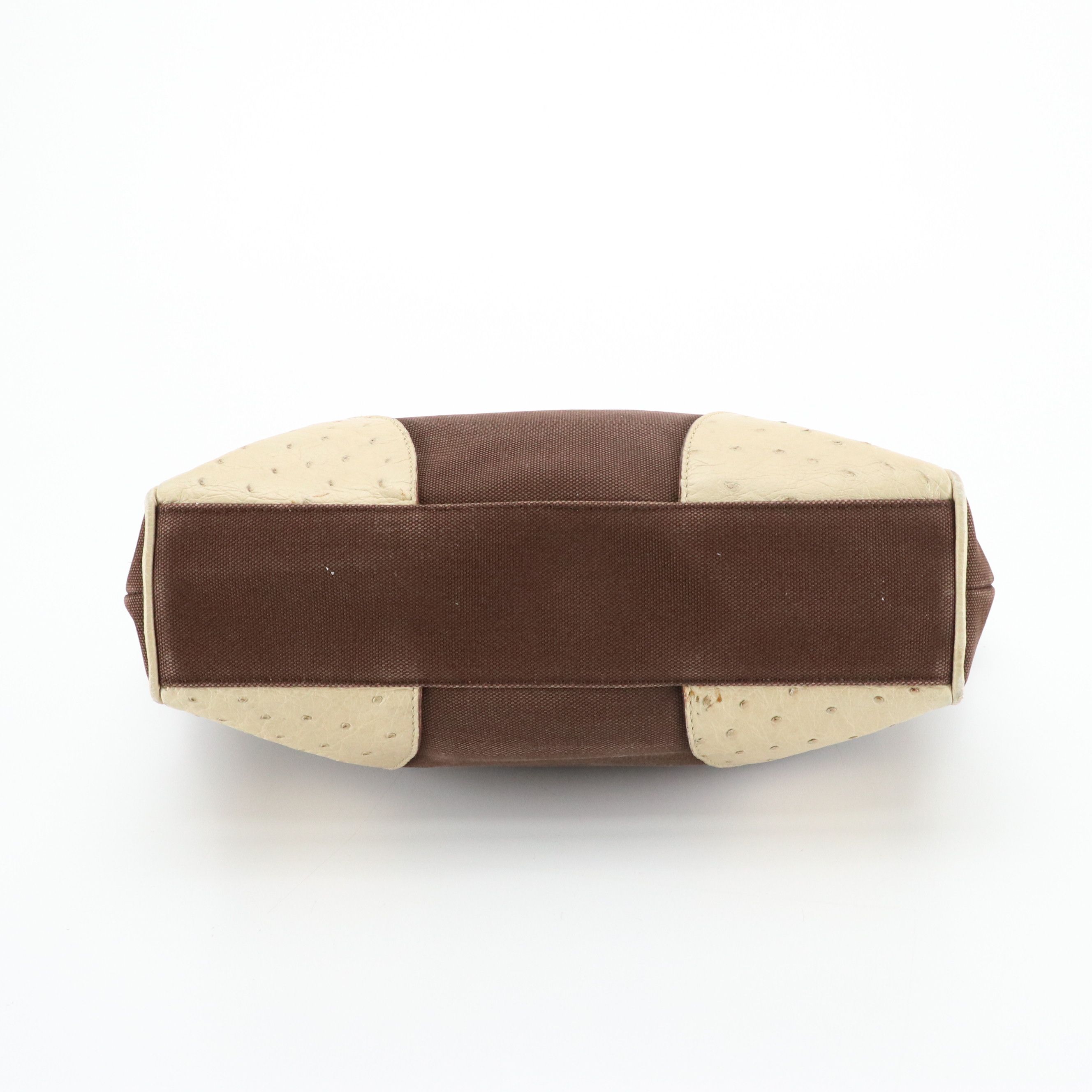 Prada Handbag B11127 in Brown Canvas with Ostrich Leather Trim