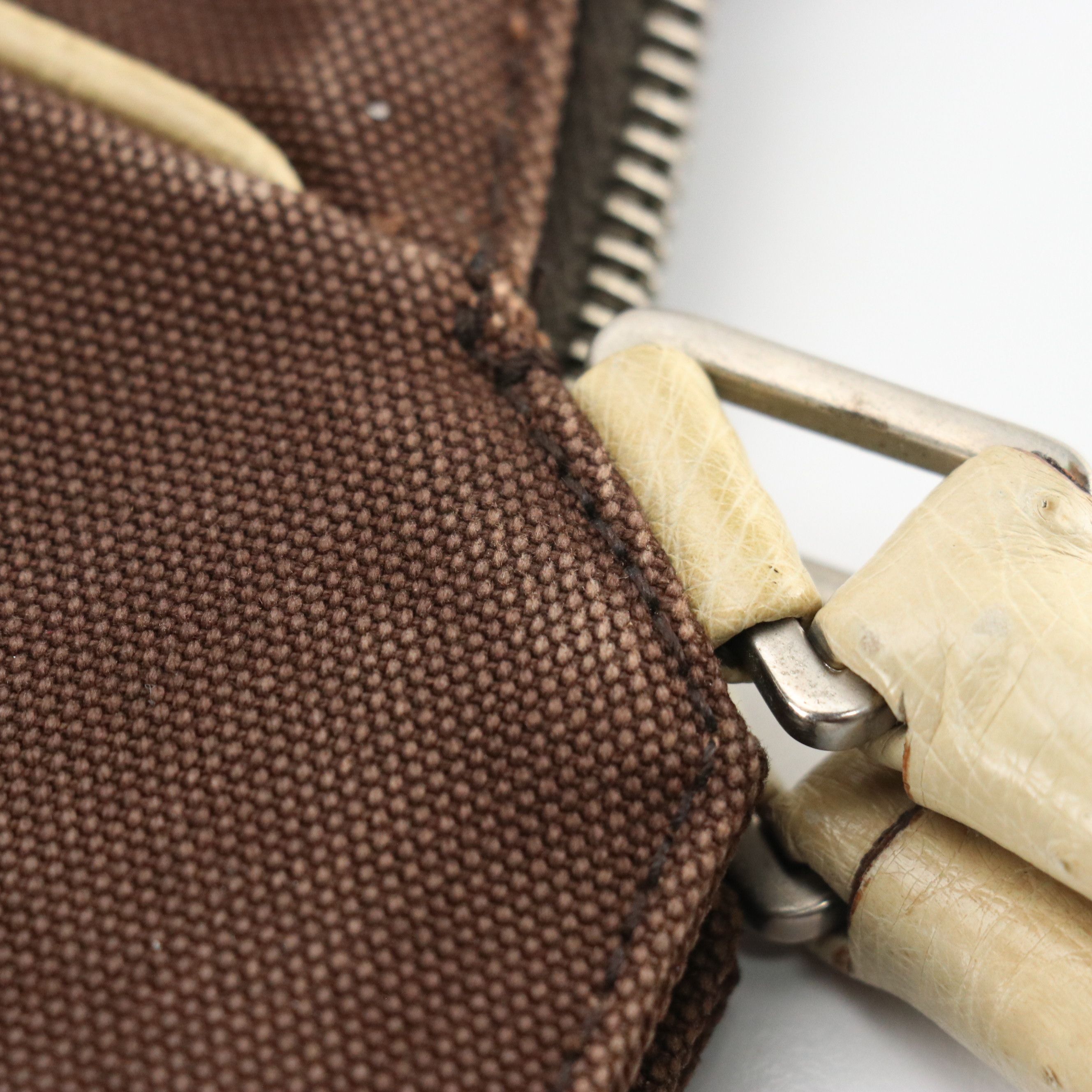 Prada Handbag B11127 in Brown Canvas with Ostrich Leather Trim