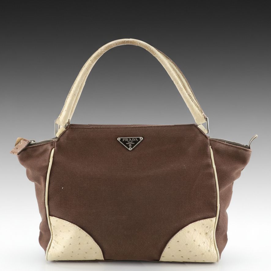Prada Handbag B11127 in Brown Canvas with Ostrich Leather Trim