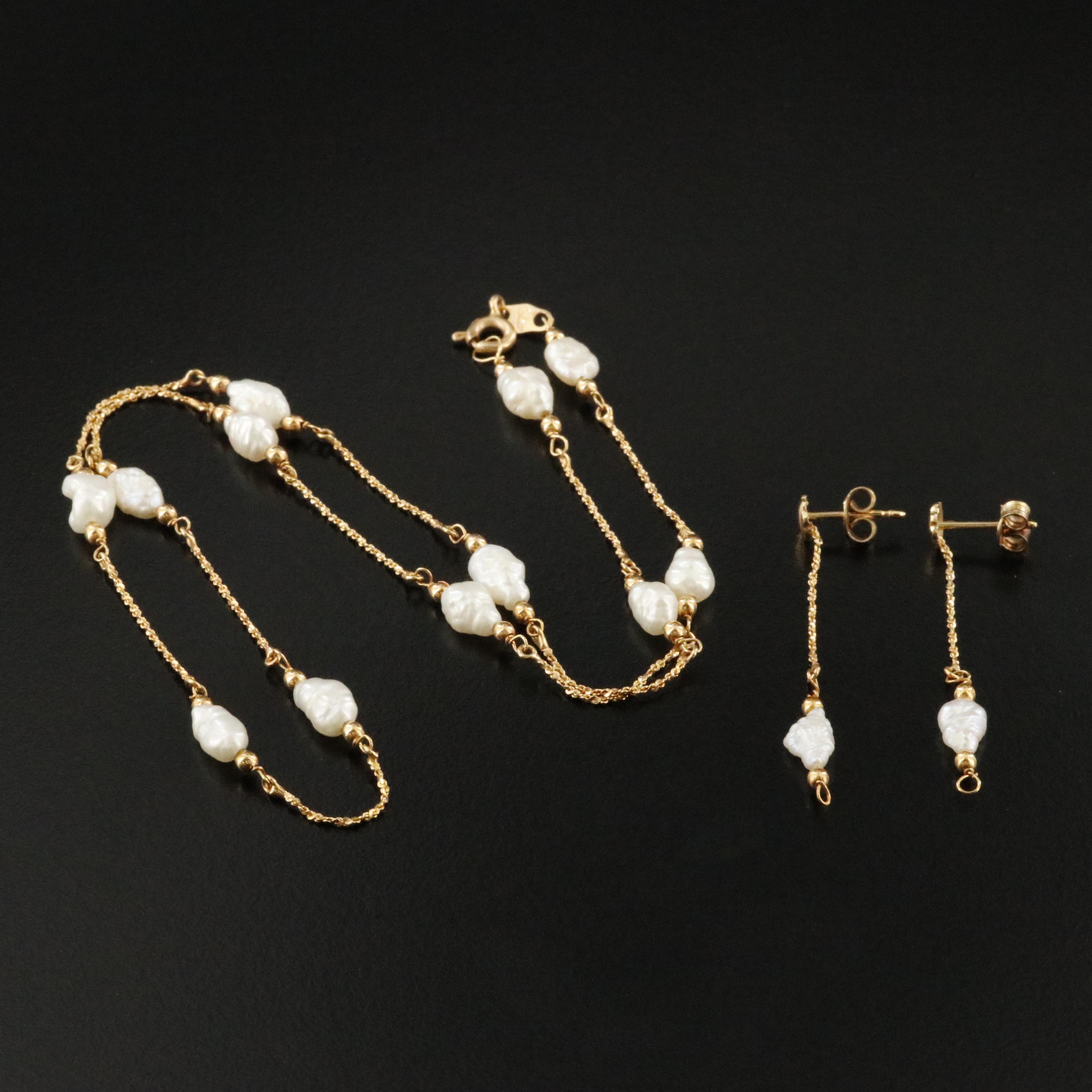 14K Baroque Pearl Station Necklace with Drop Earrings