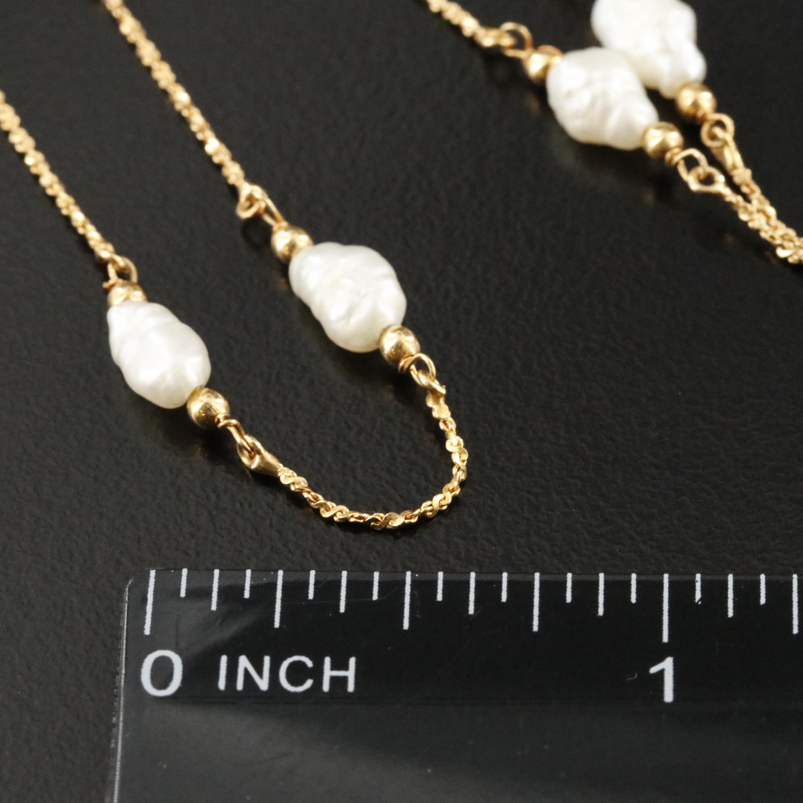 14K Baroque Pearl Station Necklace with Drop Earrings