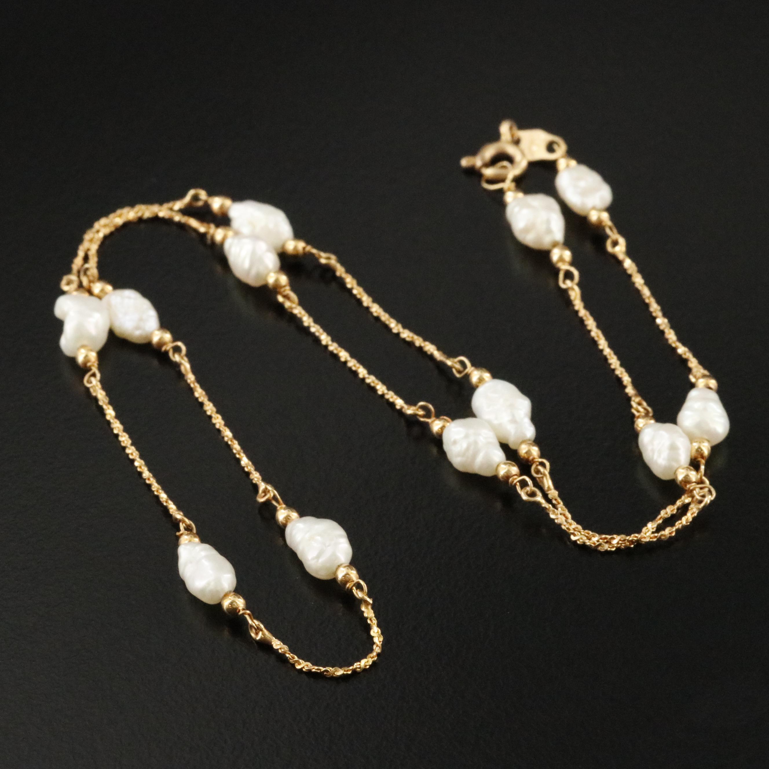 14K Baroque Pearl Station Necklace with Drop Earrings