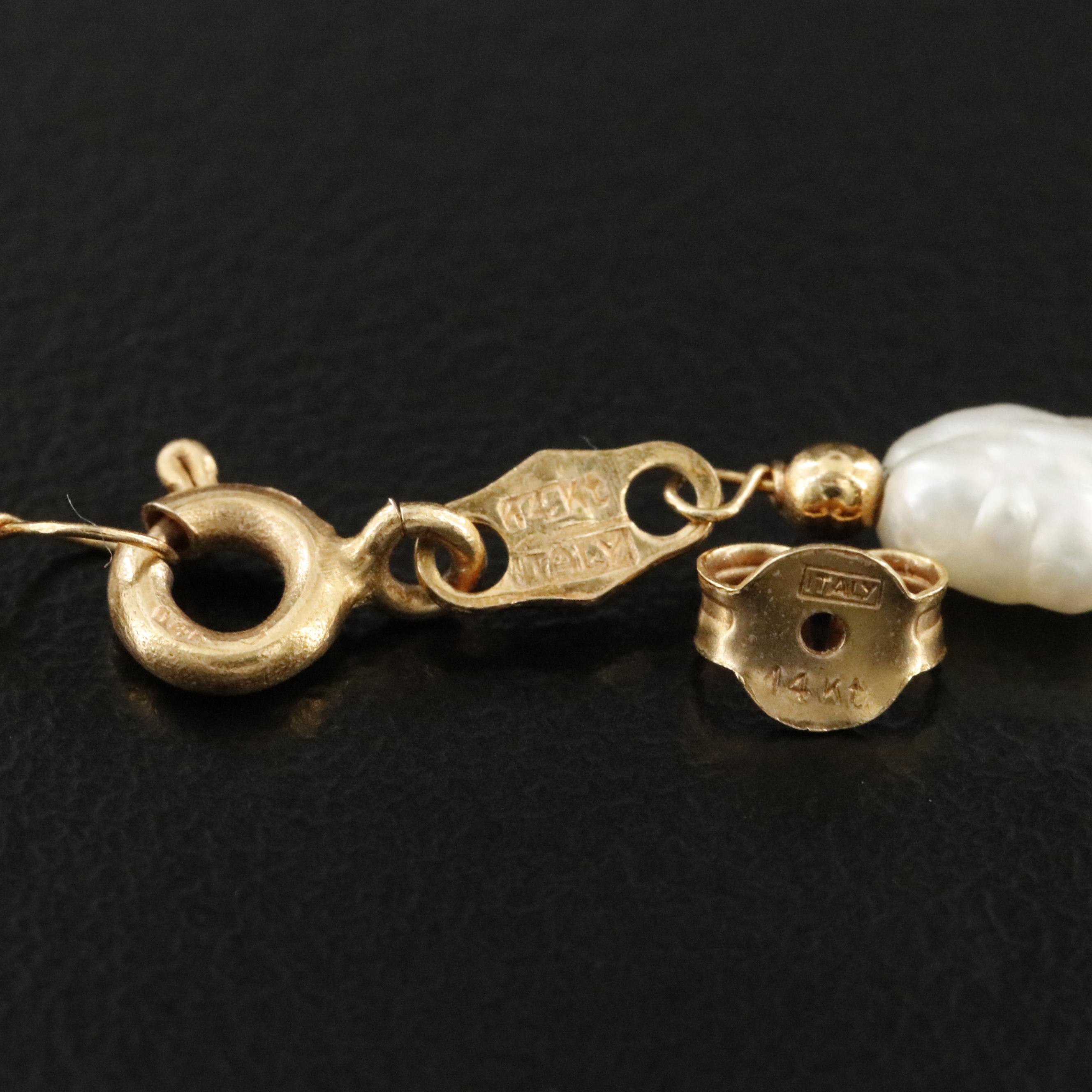 14K Baroque Pearl Station Necklace with Drop Earrings