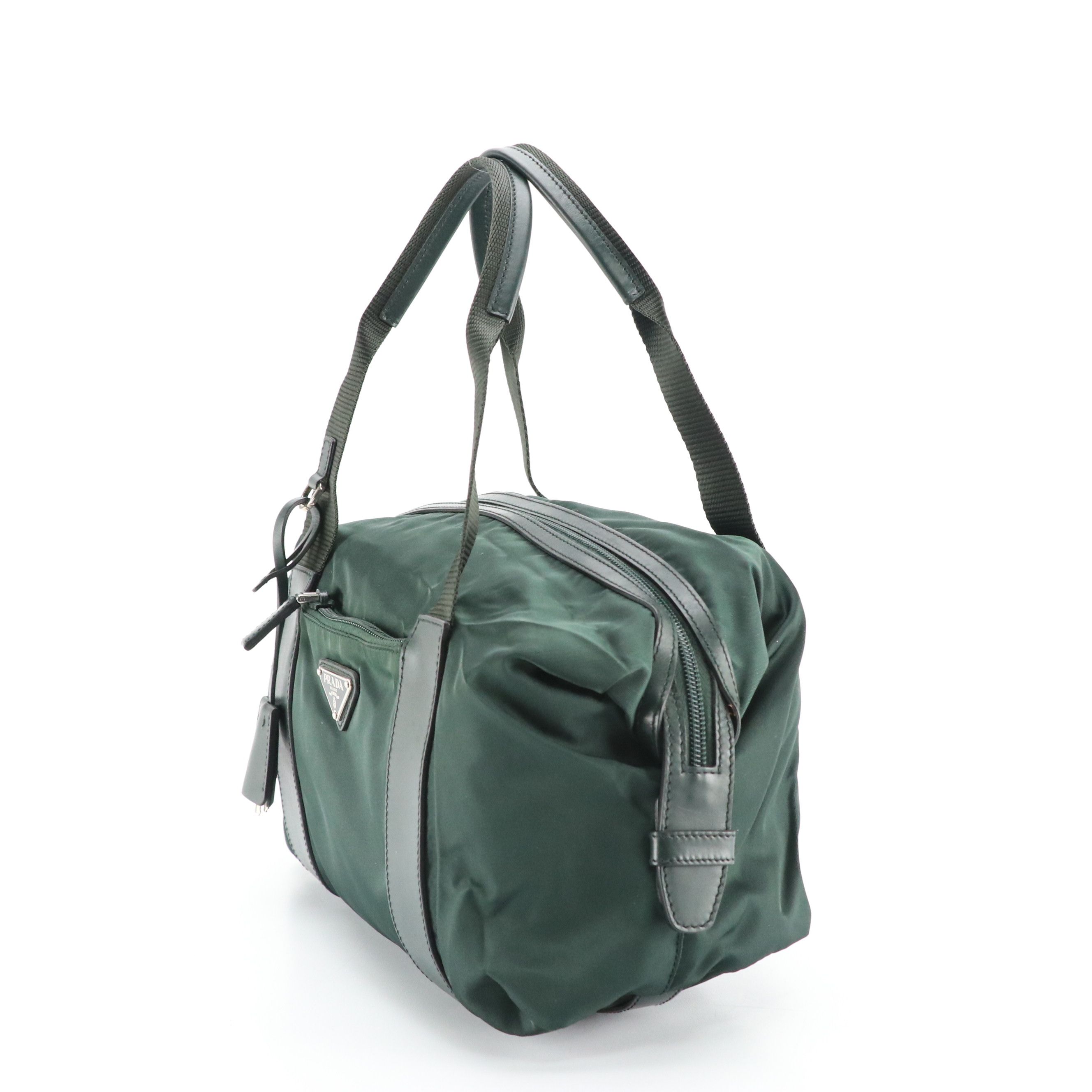 Prada Small Boston Bag in Green Tessuto Nylon and Leather