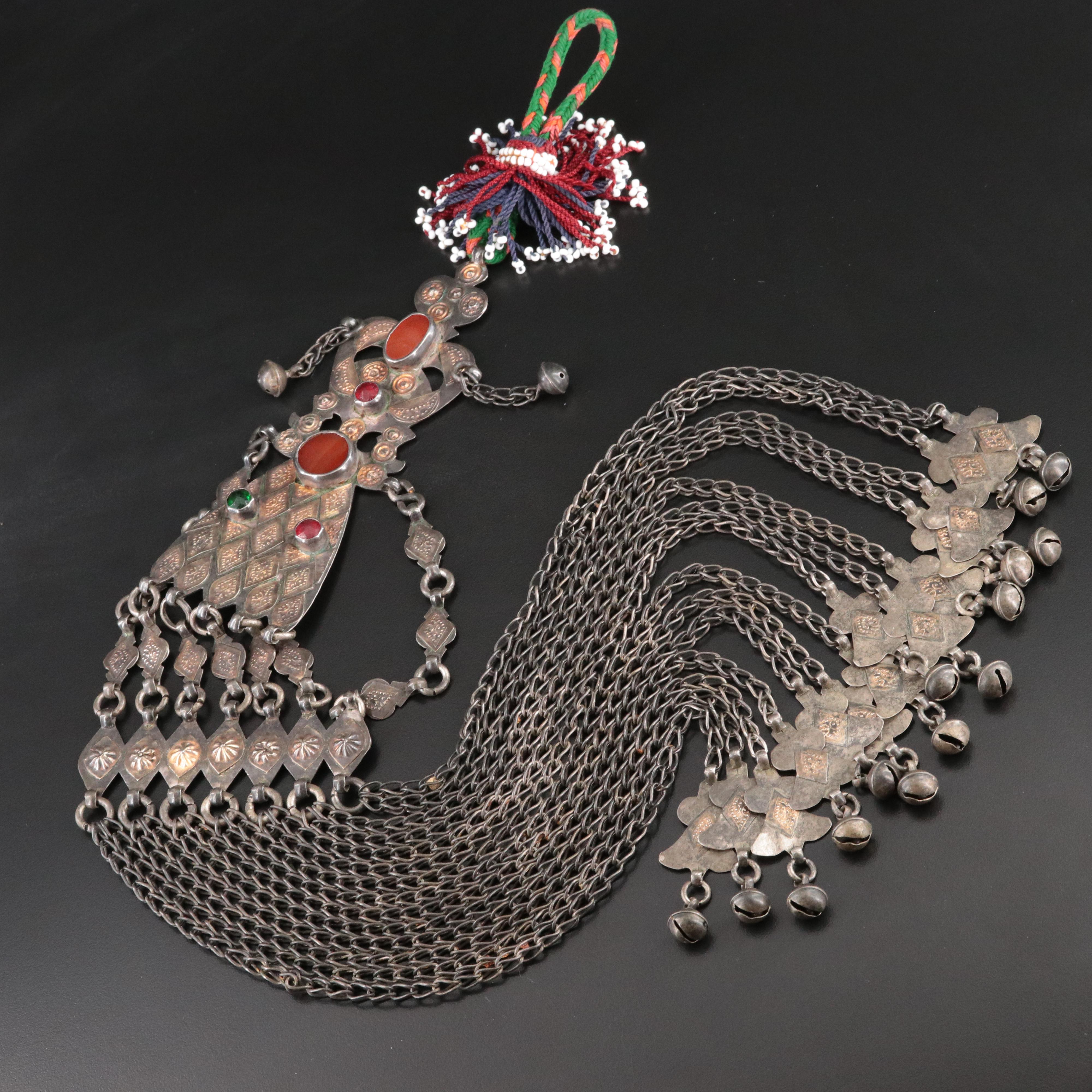Turkmen Fire-Gilded Teke Silver Carnelian & Glass Dorsal Plait Ornament