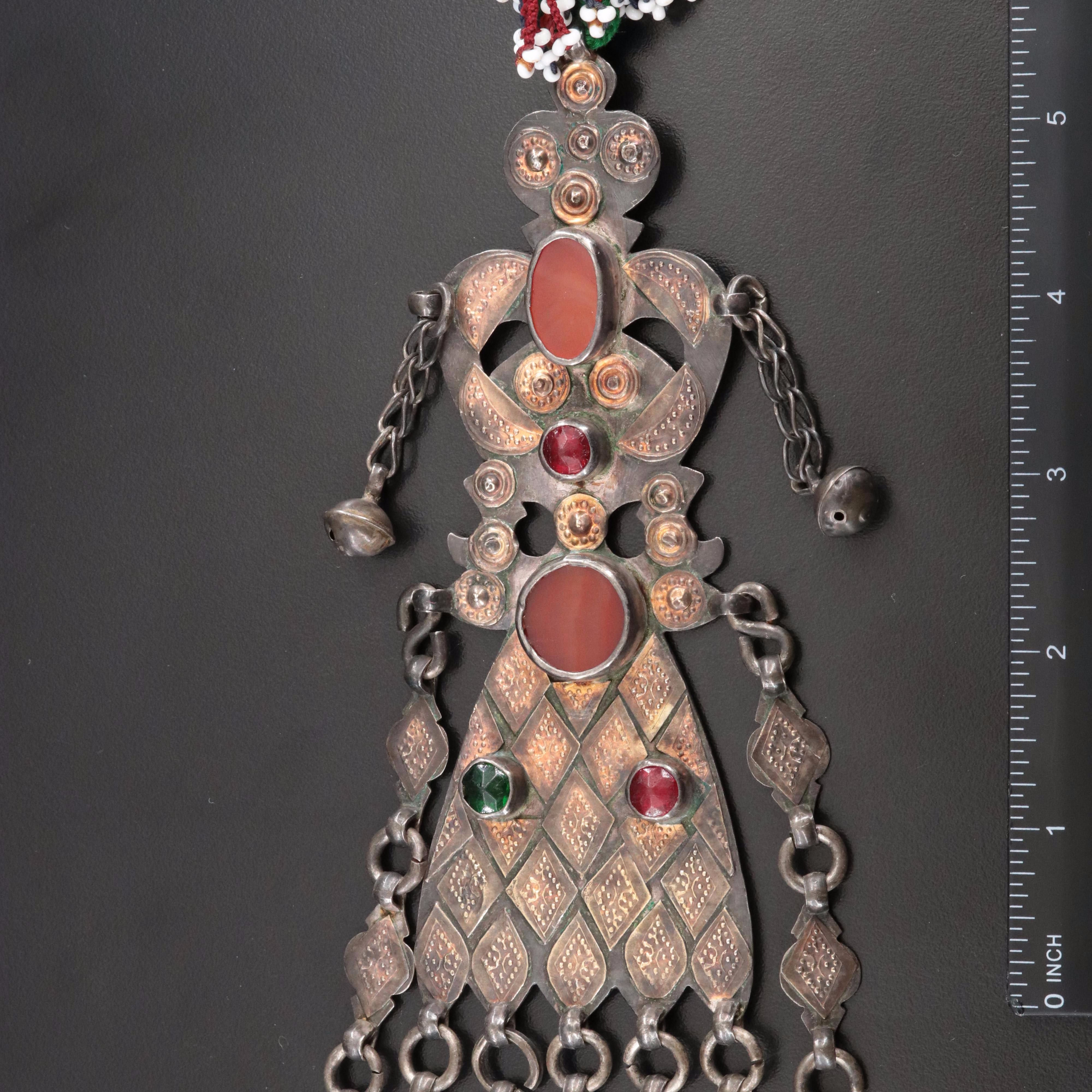 Turkmen Fire-Gilded Teke Silver Carnelian & Glass Dorsal Plait Ornament