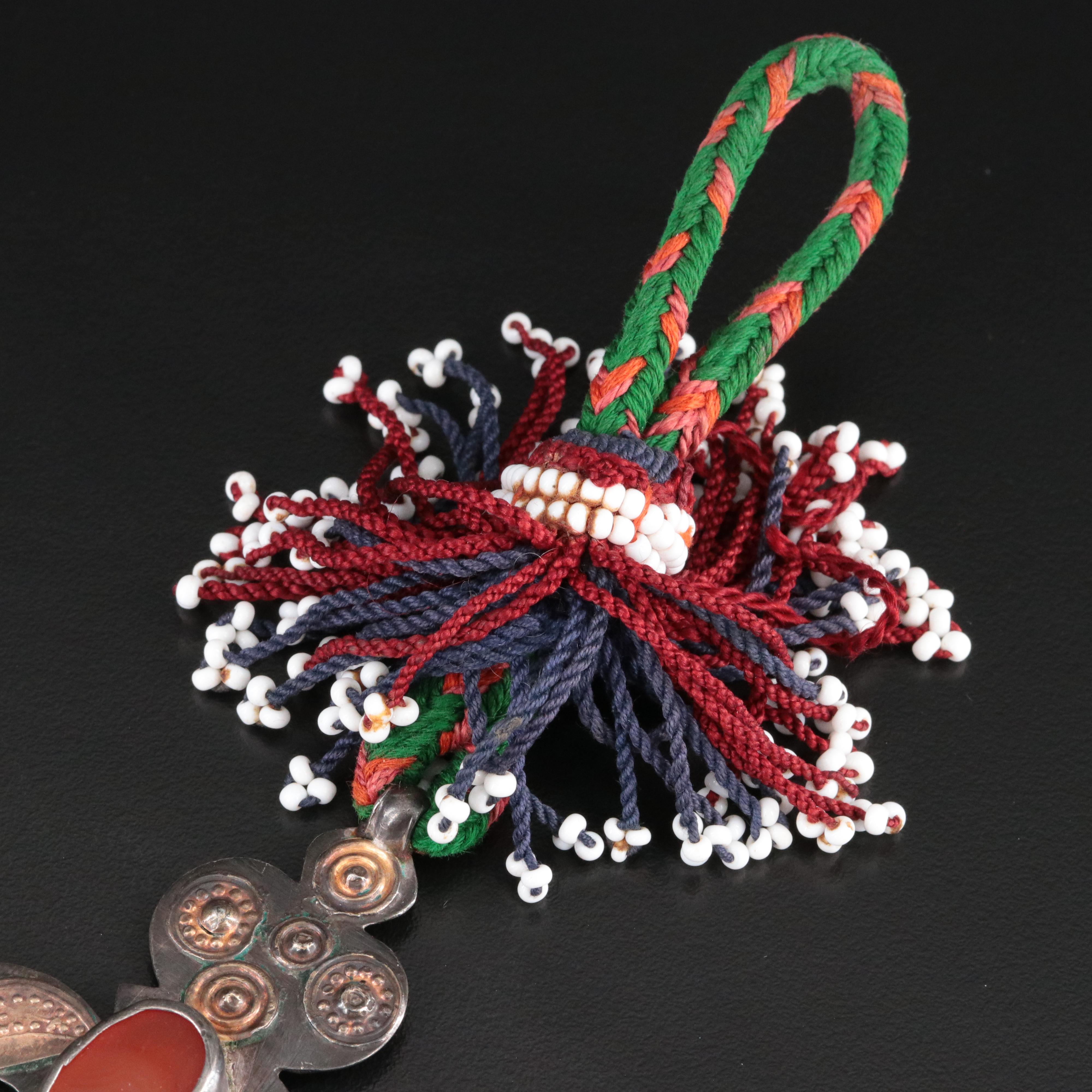 Turkmen Fire-Gilded Teke Silver Carnelian & Glass Dorsal Plait Ornament