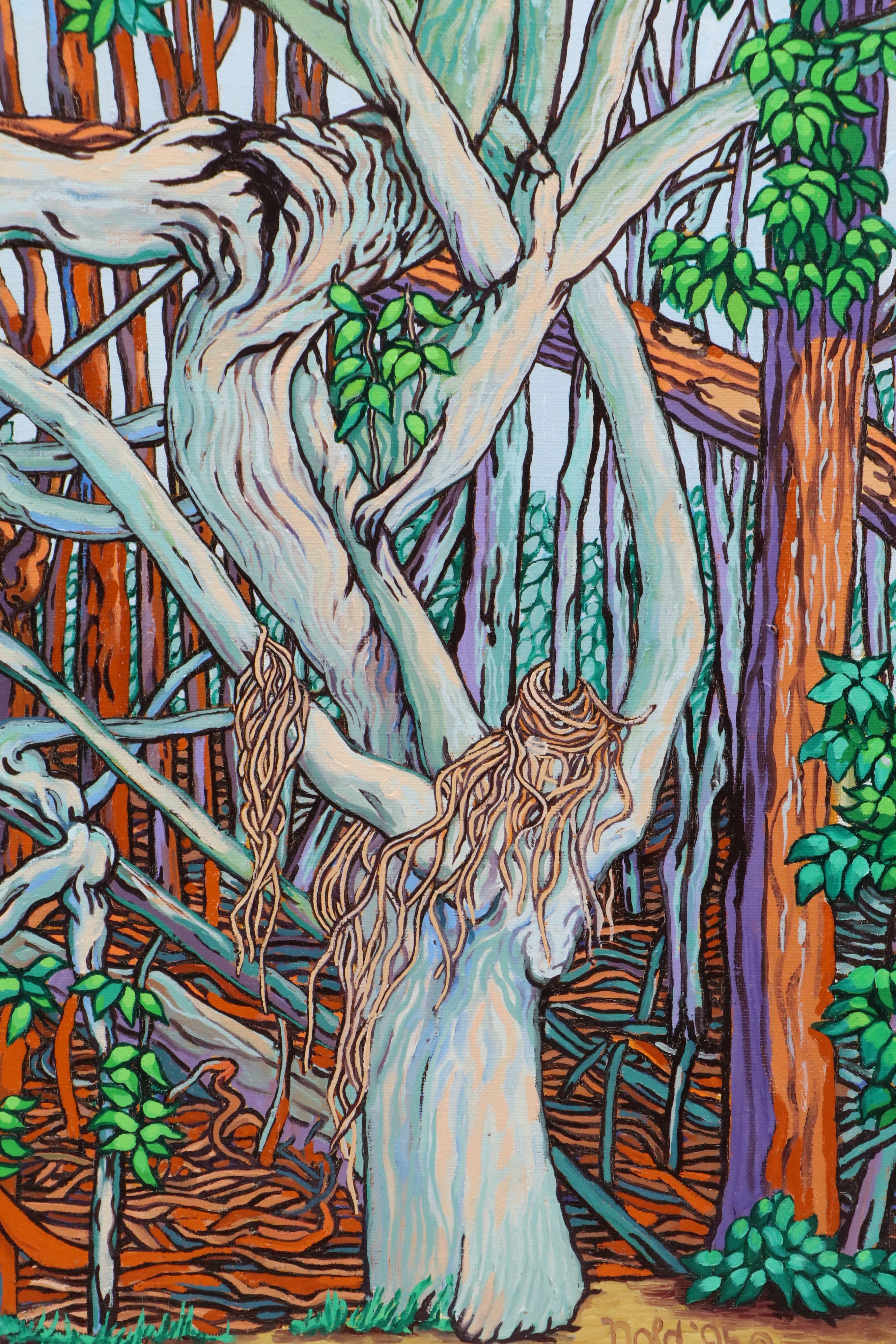 Fred Nold Stylized Woodland Landscape Oil Painting, 1995