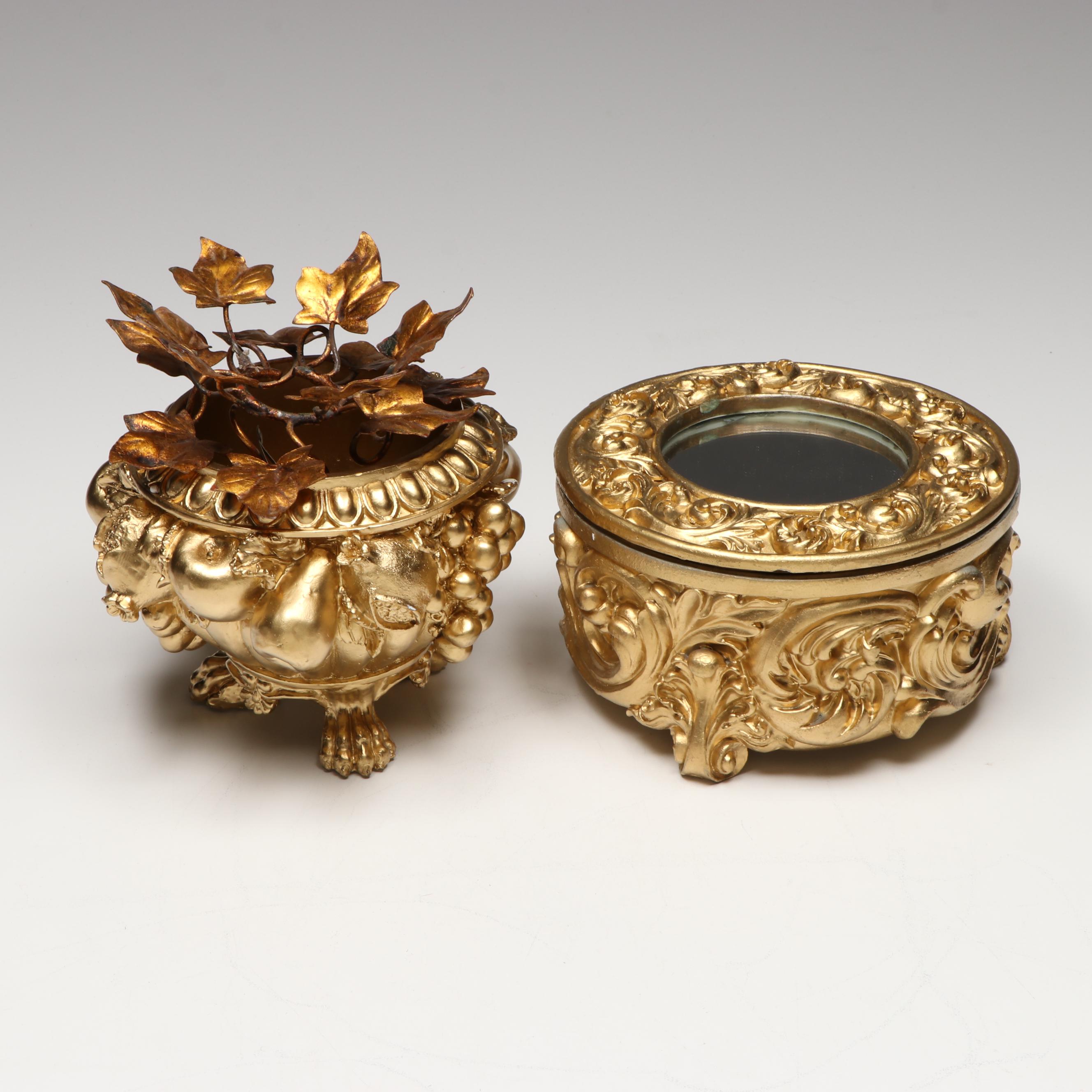 Gilt Finish Mirrored Box, Footed Bowl, and Leaf Candle Holder