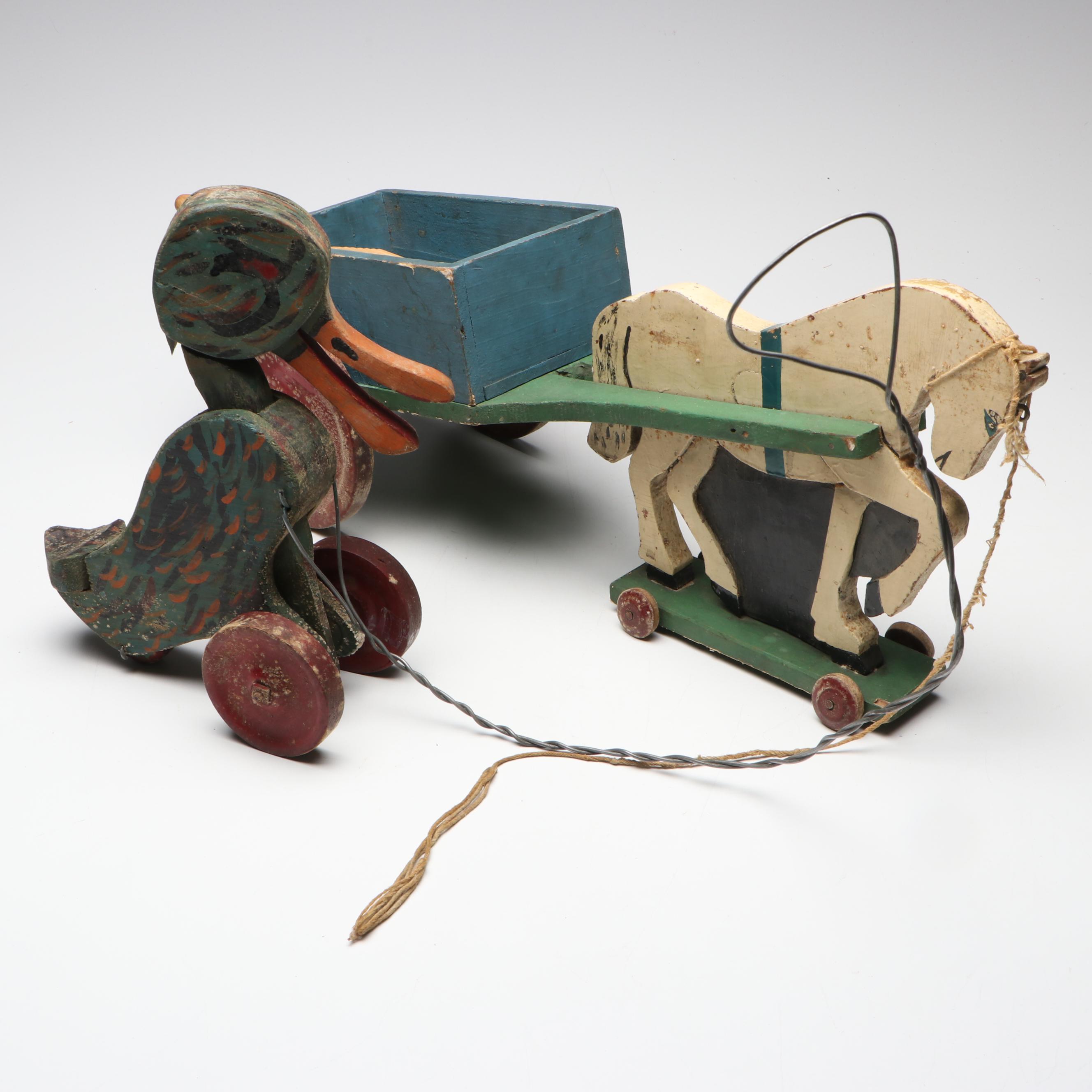 Handcrafted Folk Art Style Duck and Horse Wooden Pull Toys, 20th Century