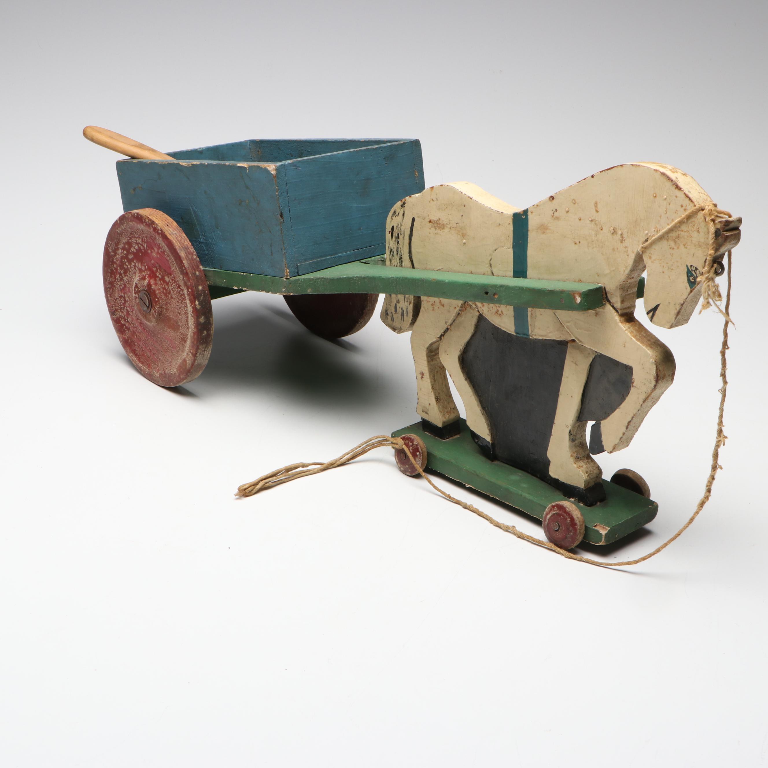 Handcrafted Folk Art Style Duck and Horse Wooden Pull Toys, 20th Century