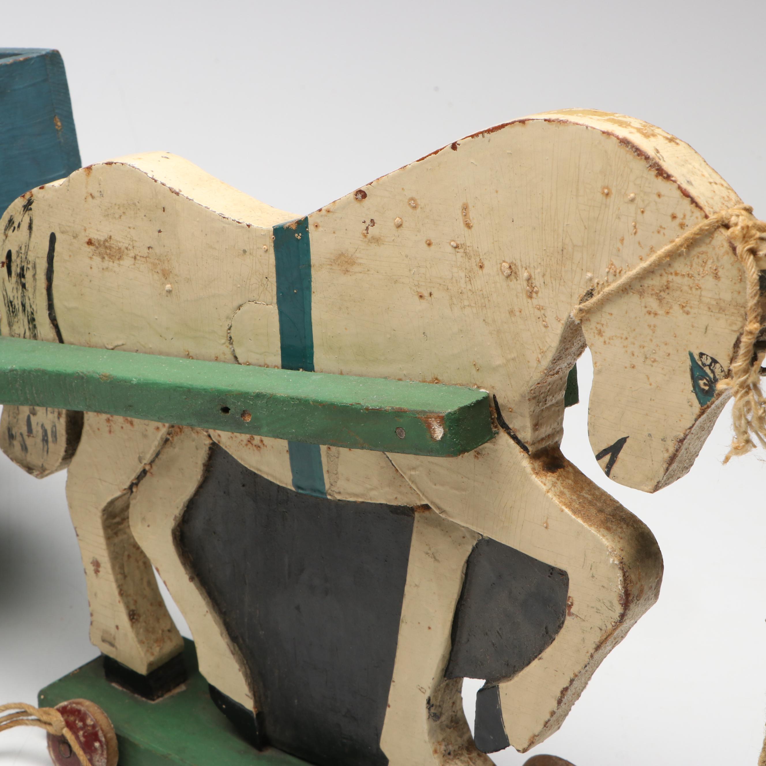 Handcrafted Folk Art Style Duck and Horse Wooden Pull Toys, 20th Century