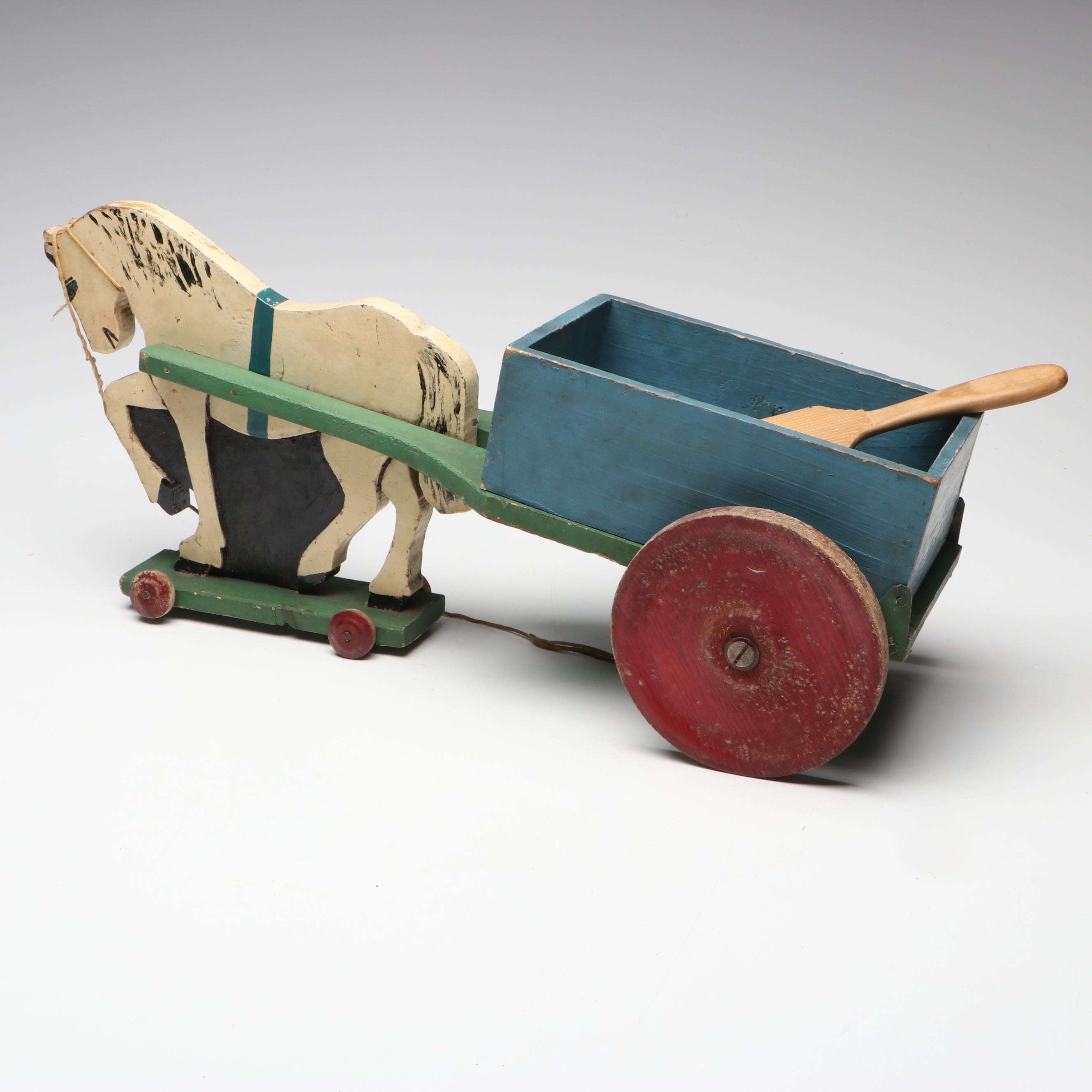 Handcrafted Folk Art Style Duck and Horse Wooden Pull Toys, 20th Century