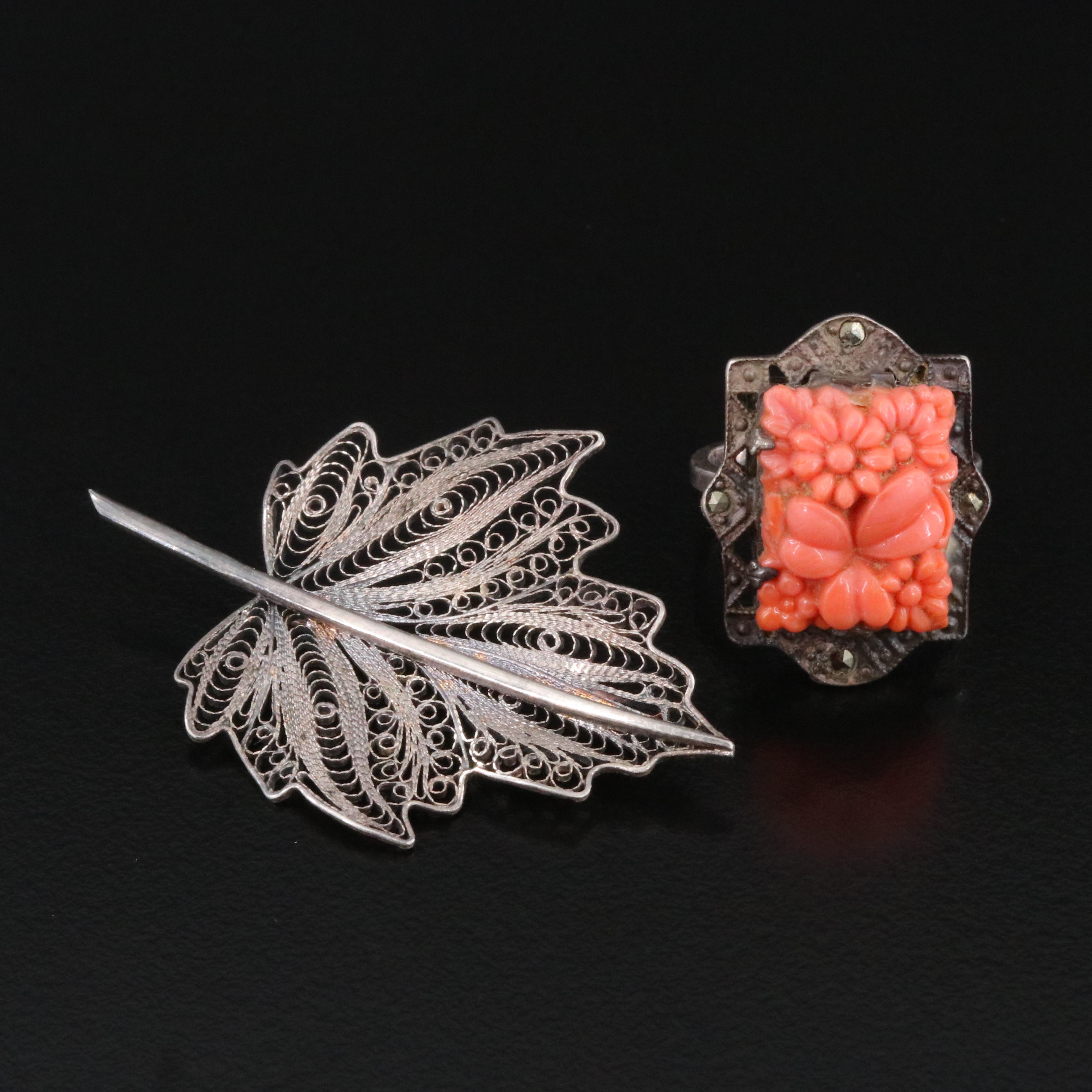 Sterling Faux Coral and Marcasite Filigree Leaf Brooch