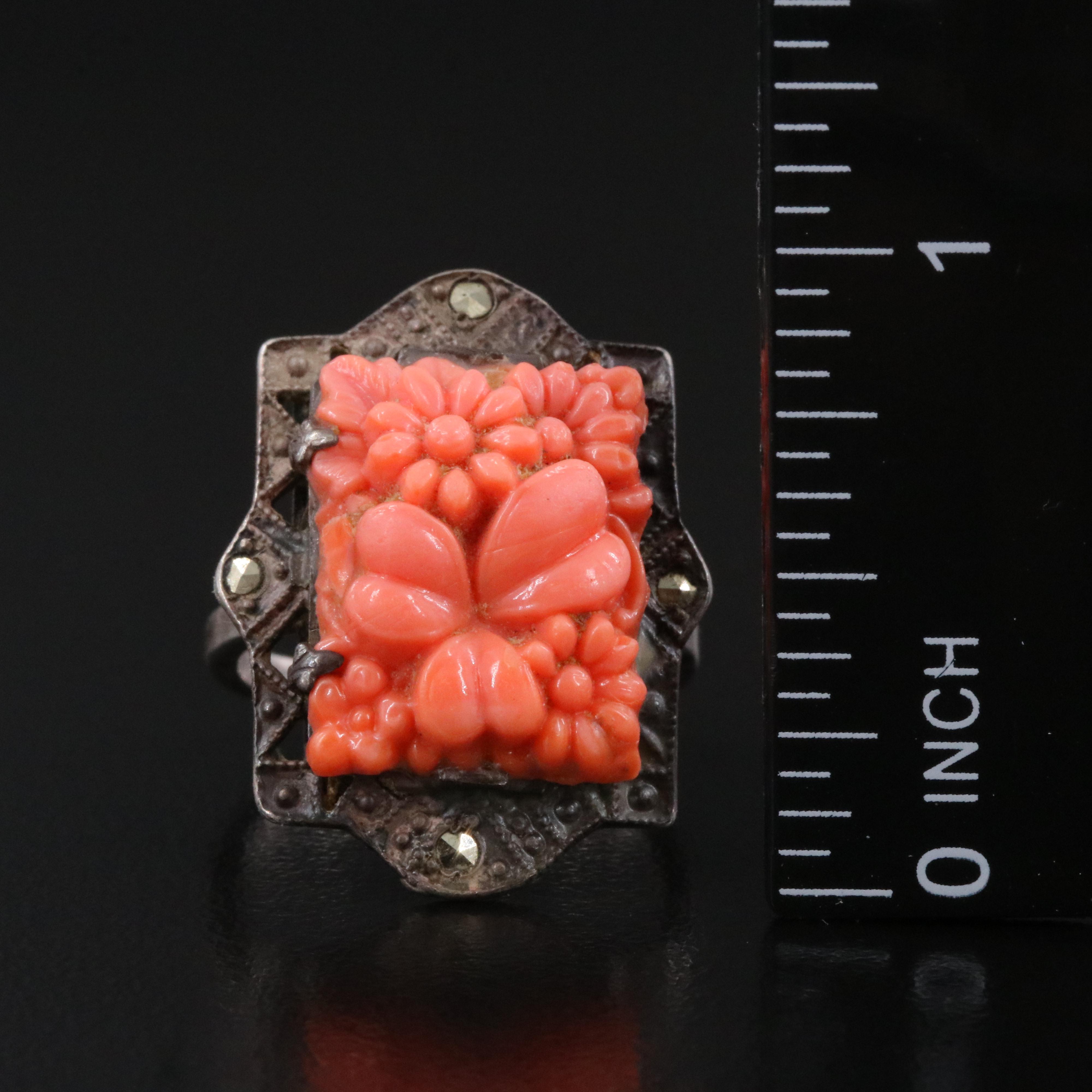 Sterling Faux Coral and Marcasite Filigree Leaf Brooch