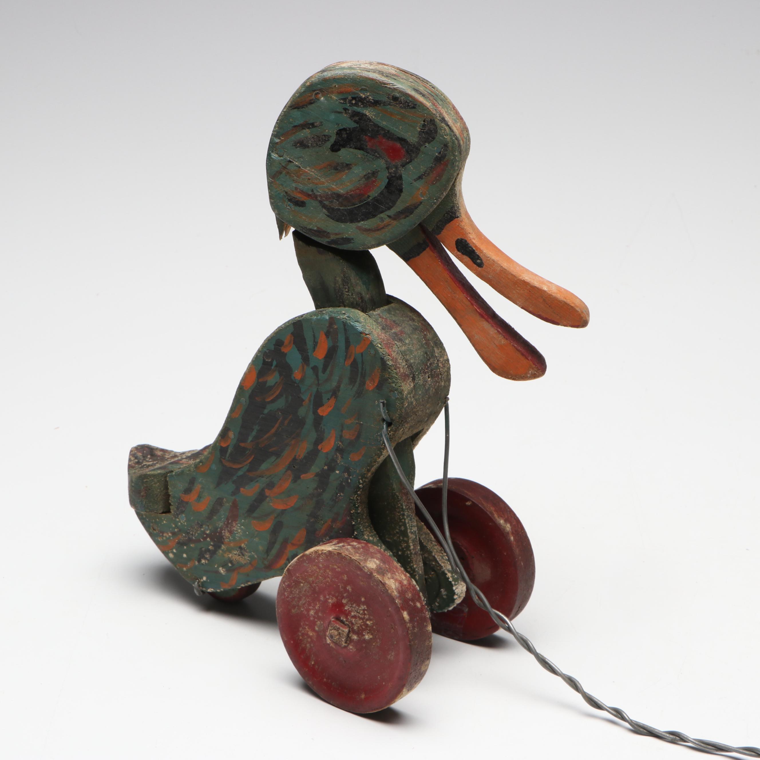 Handcrafted Folk Art Style Duck and Horse Wooden Pull Toys, 20th Century