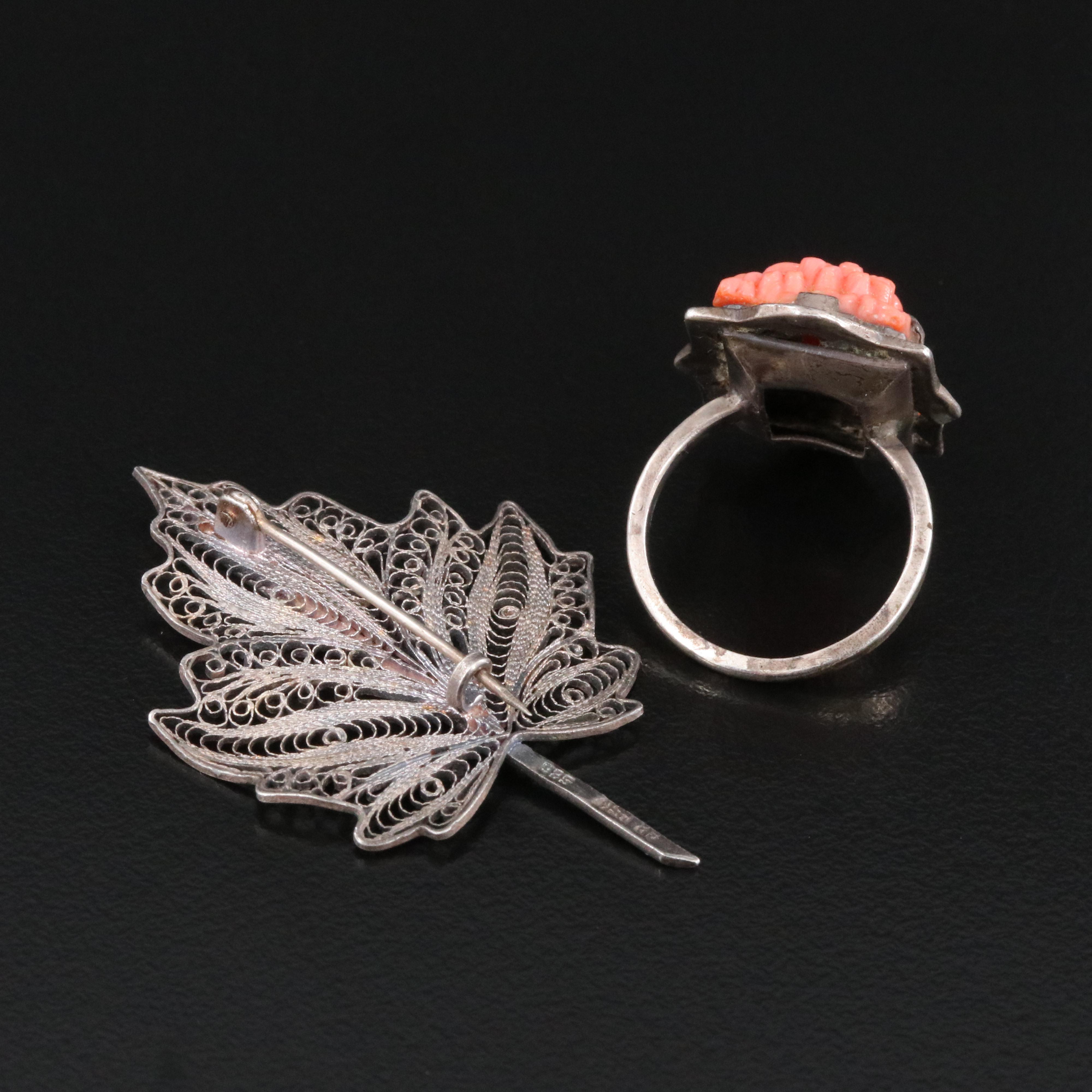 Sterling Faux Coral and Marcasite Filigree Leaf Brooch