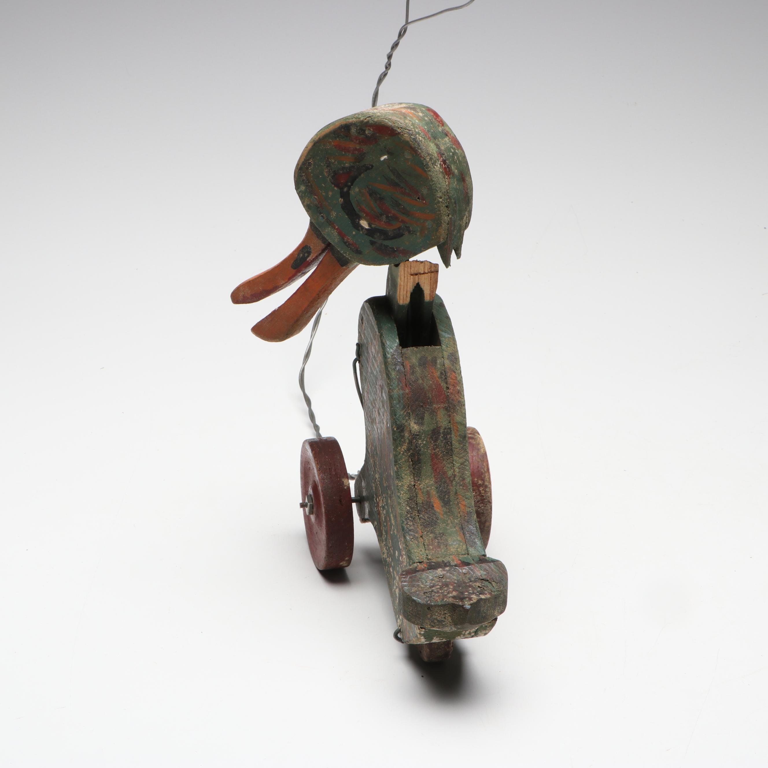 Handcrafted Folk Art Style Duck and Horse Wooden Pull Toys, 20th Century