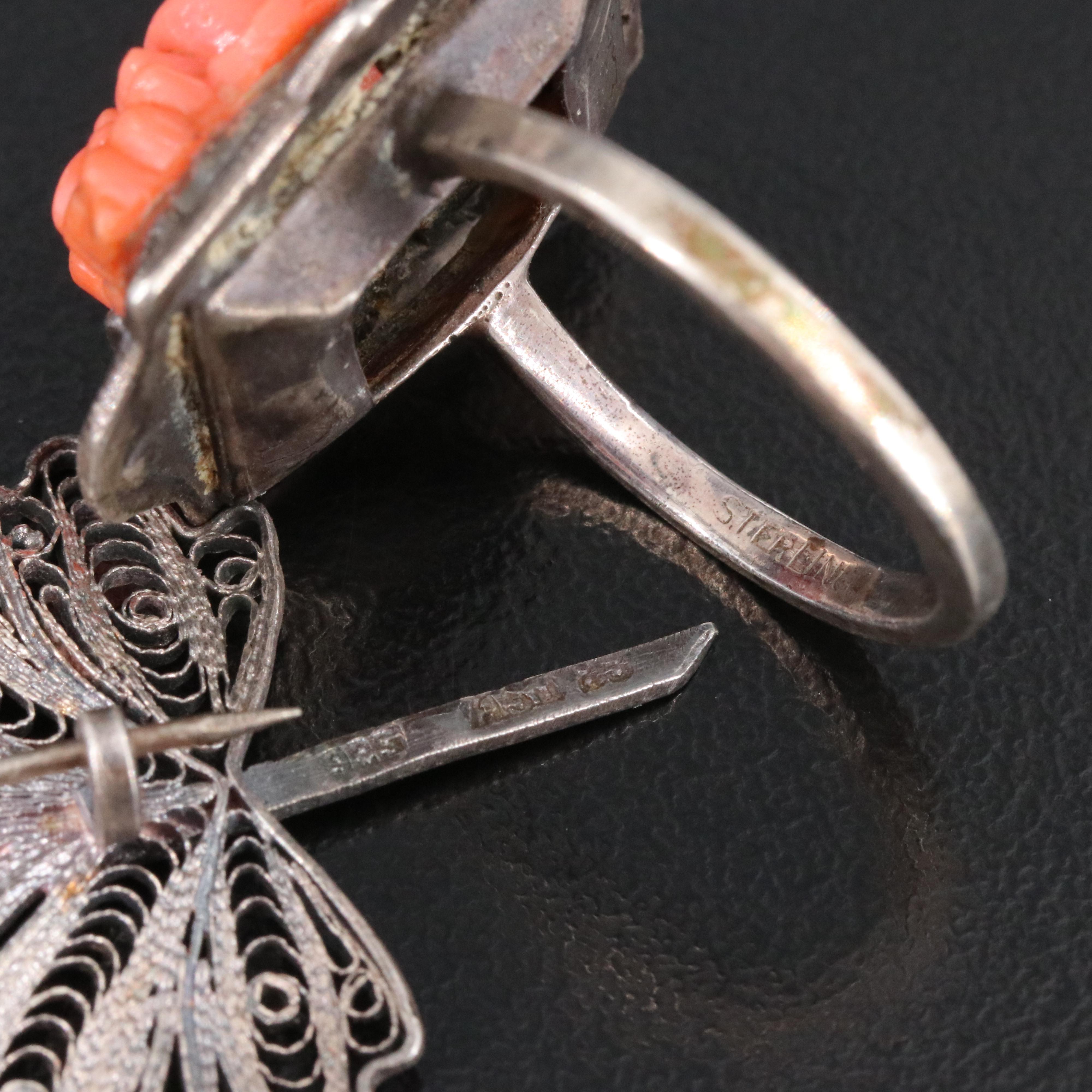 Sterling Faux Coral and Marcasite Filigree Leaf Brooch