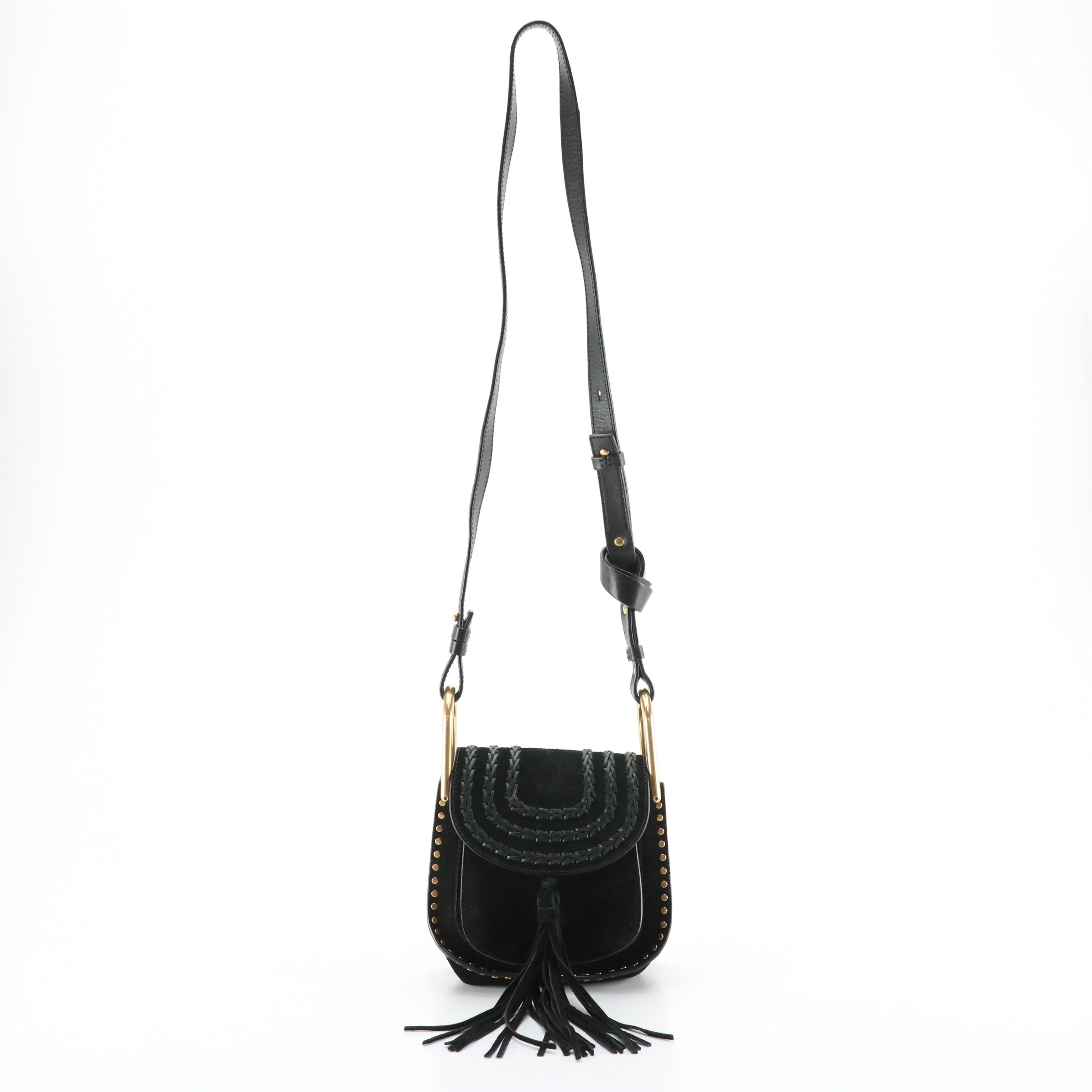 Chloé Small Hudson Crossbody Bag in Black Whipstitched-Studded Suede and Leather