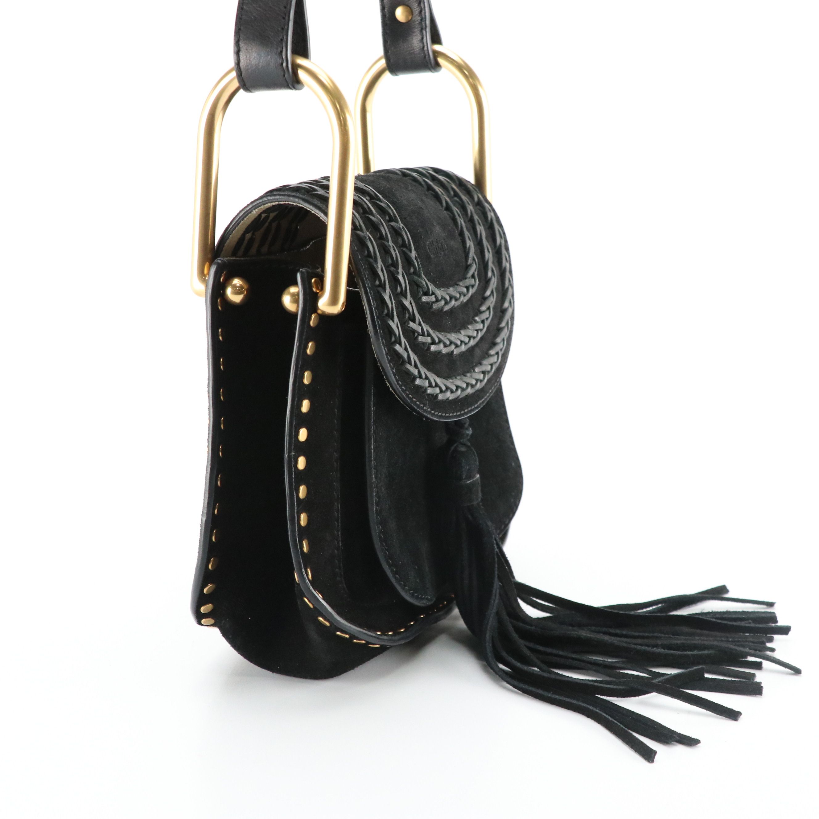 Chloé Small Hudson Crossbody Bag in Black Whipstitched-Studded Suede and Leather