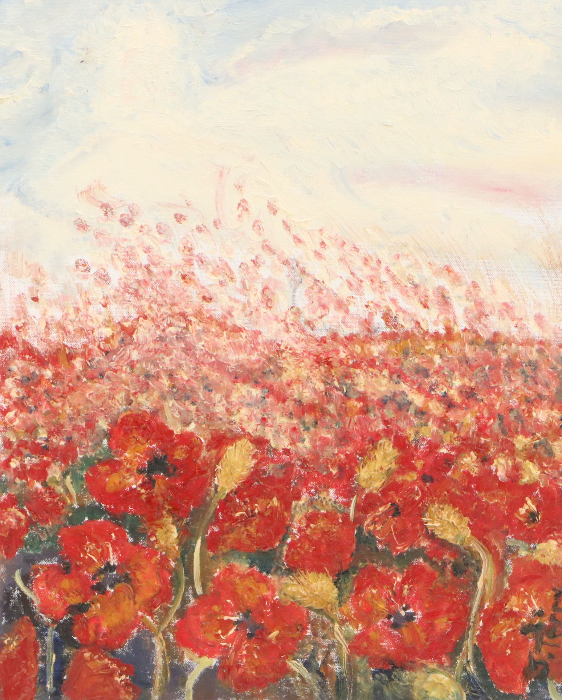 Oil Painting "Red Poppies at Sunset," Late 20th Century