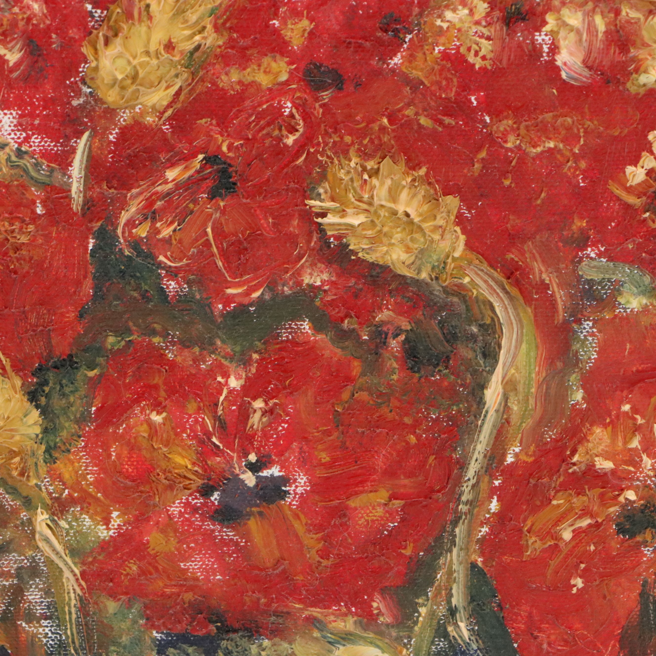 Oil Painting "Red Poppies at Sunset," Late 20th Century