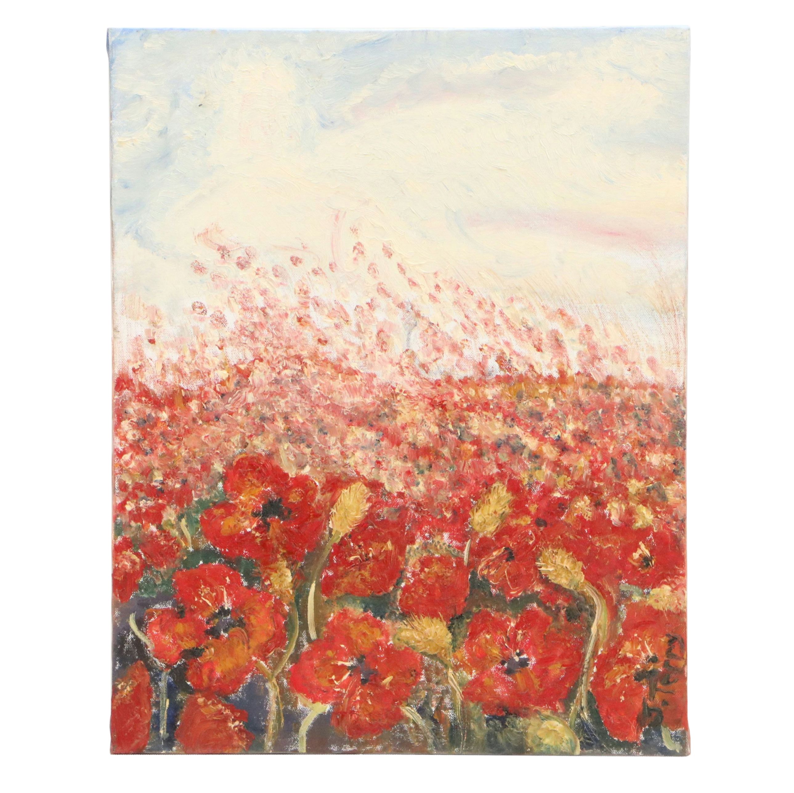 Oil Painting "Red Poppies at Sunset," Late 20th Century