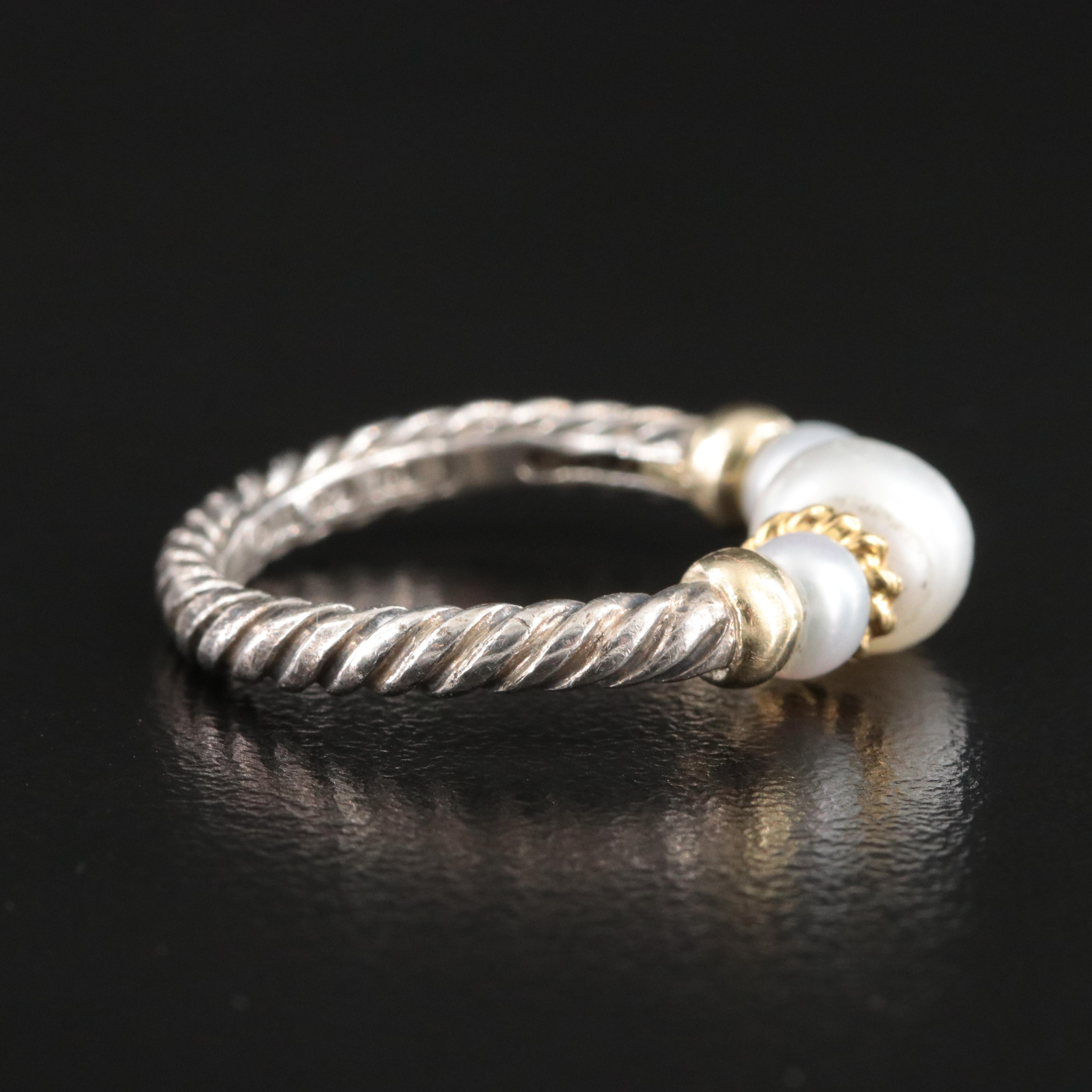 David Yurman Sterling and Pearl Cable Ring with 18K Accents