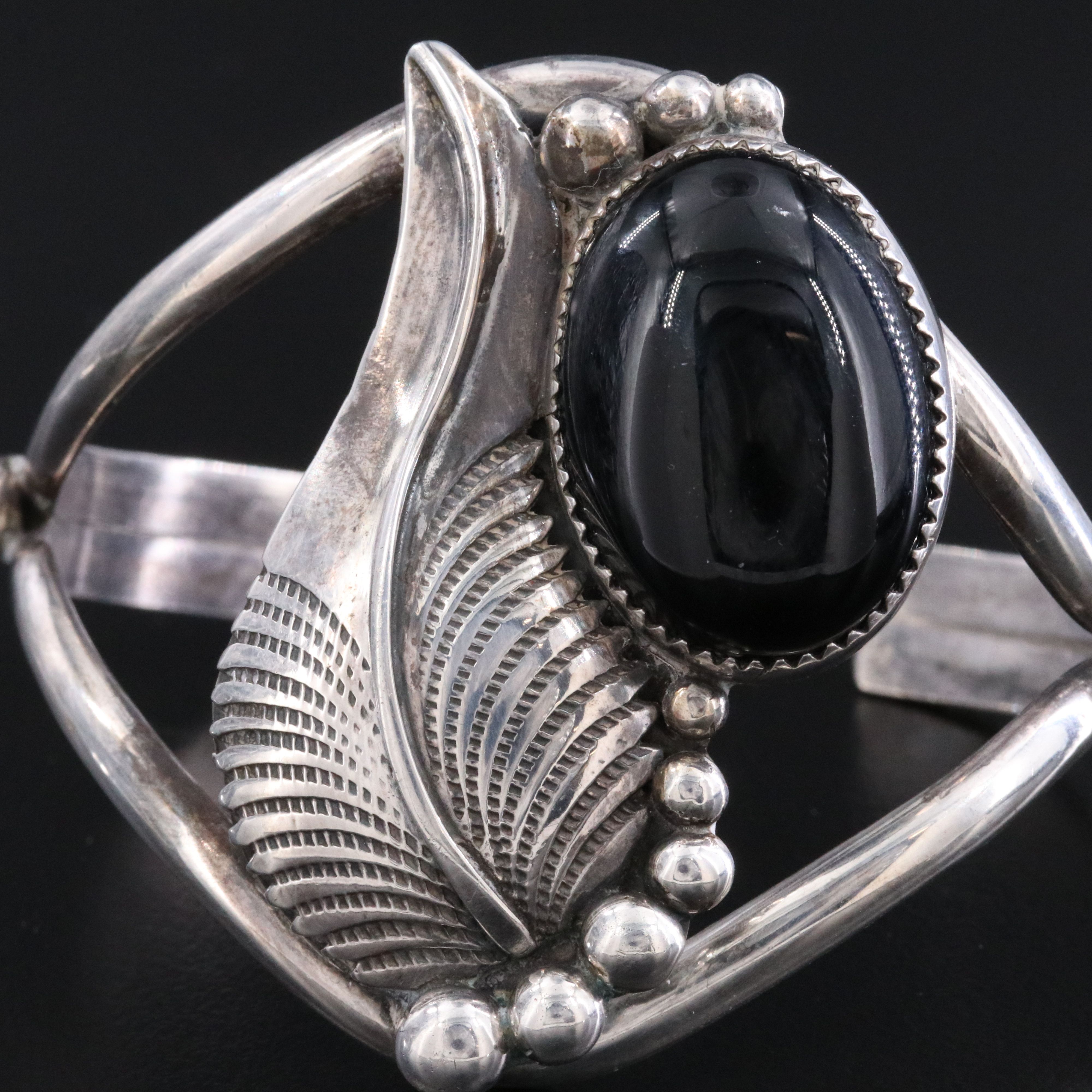 Southwestern Sterling Obsidian Feather Cuff Bracelet