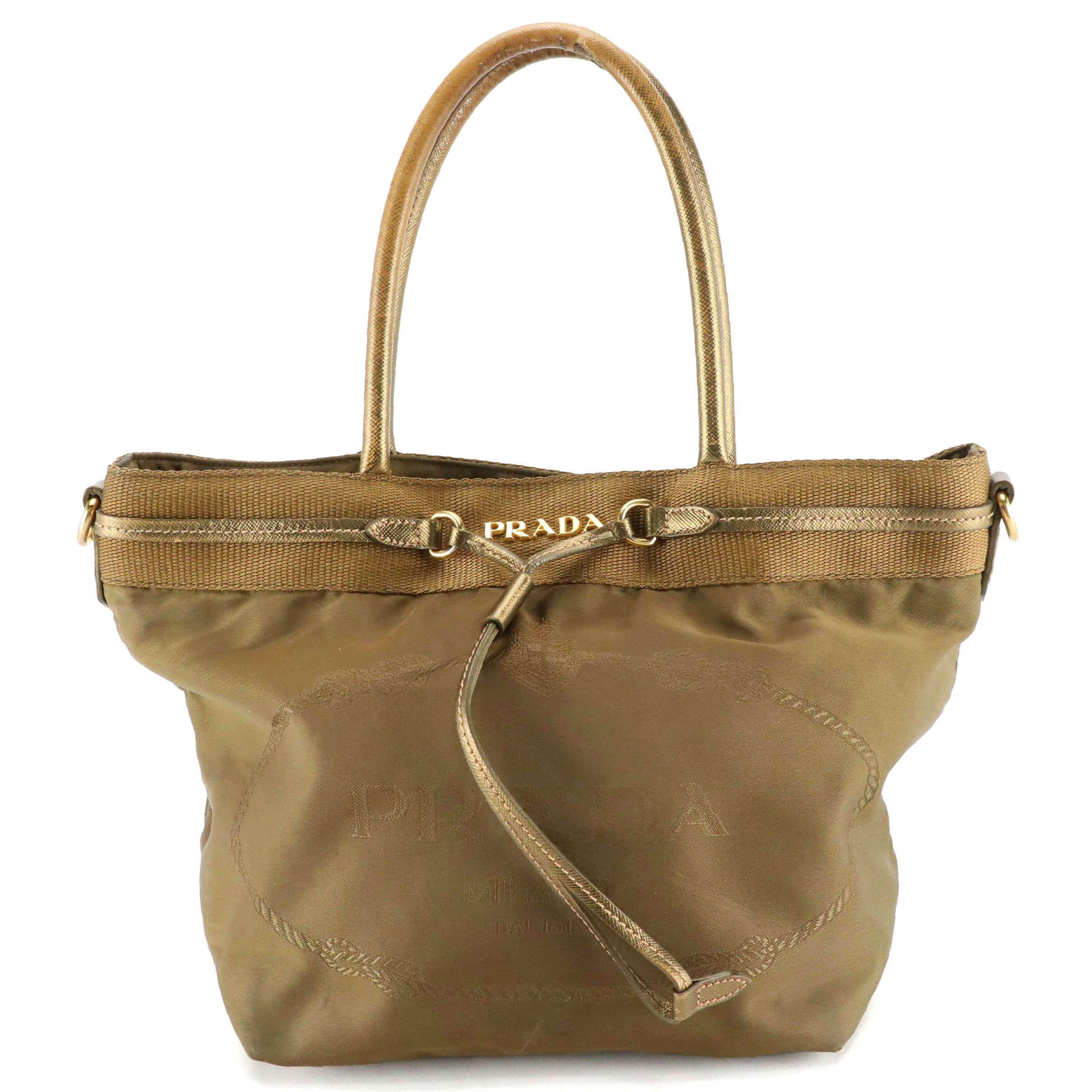 Prada Small Logo Jacquard Tote in Khaki Tessuto Nylon and Bronze Leather Trim
