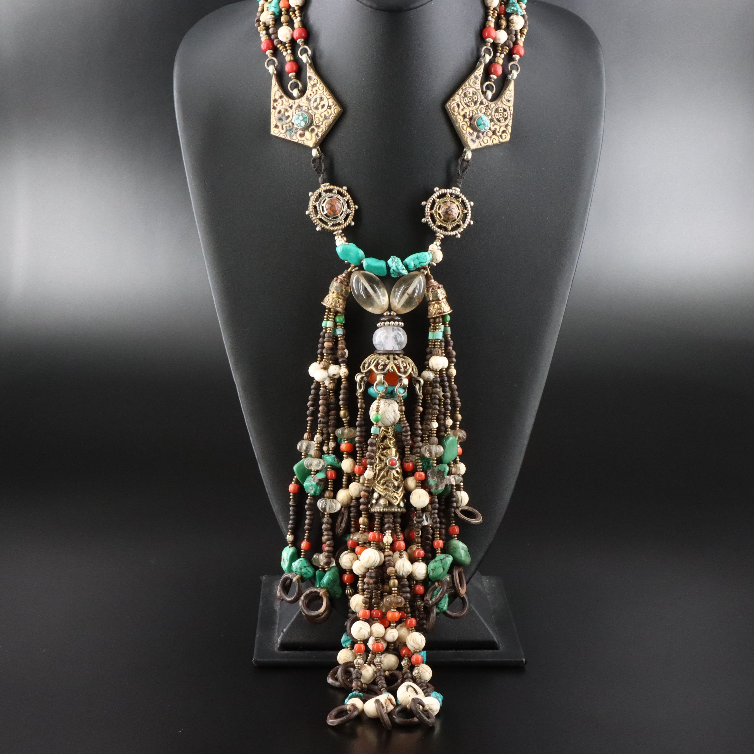 Assemblage Tassel Necklace Including Skunk Trade Bead,