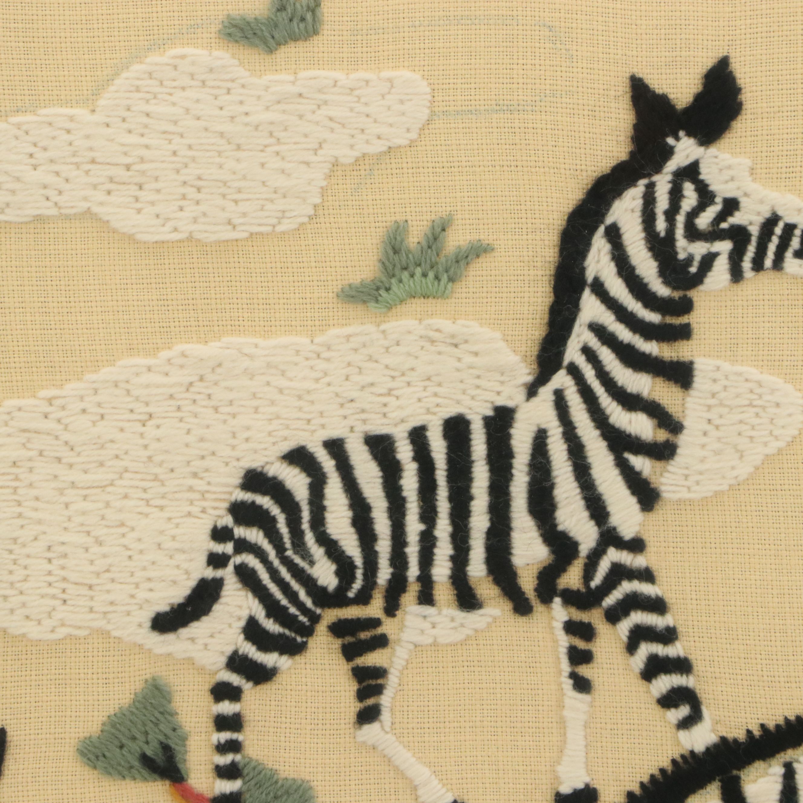 Embroidery Panel of Zebras in Forest, Late 20th Century