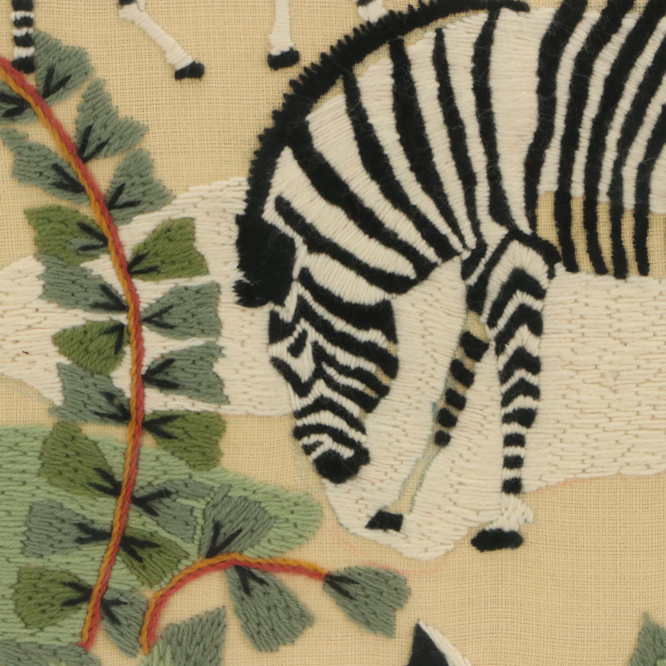 Embroidery Panel of Zebras in Forest, Late 20th Century