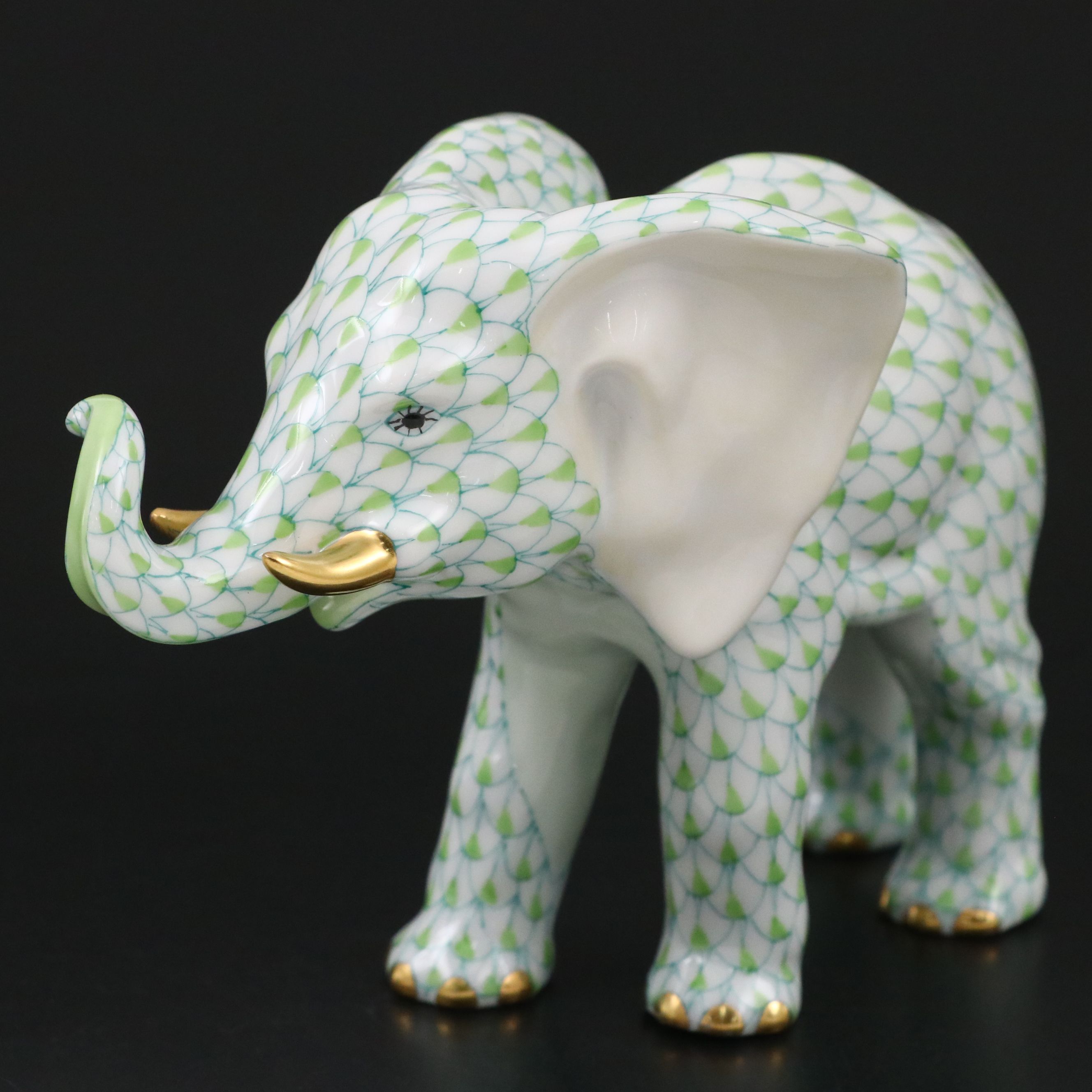 Herend Key Lime Fishnet with Gold "Roaming Elephant" Porcelain Figurine