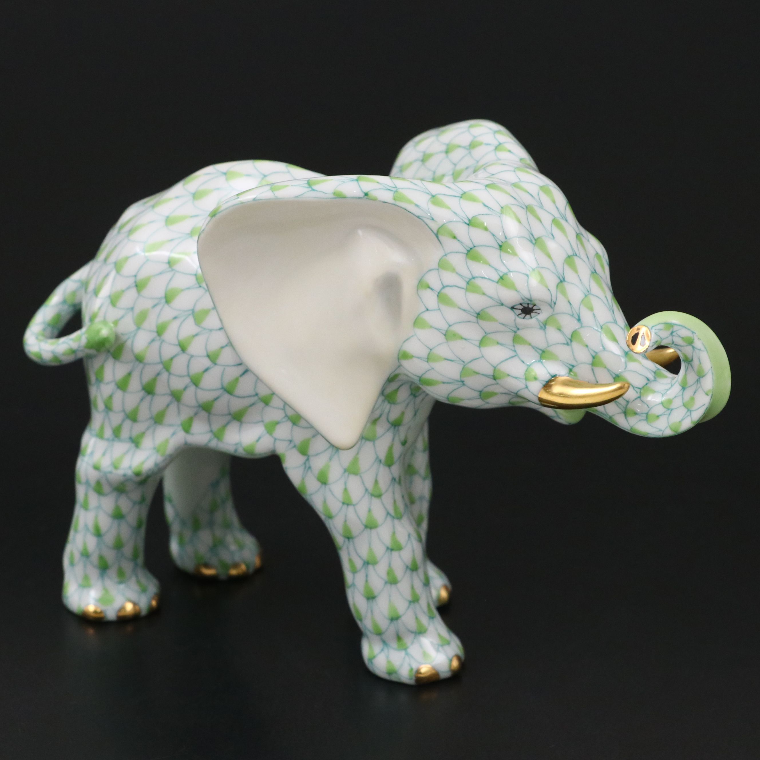 Herend Key Lime Fishnet with Gold "Roaming Elephant" Porcelain Figurine